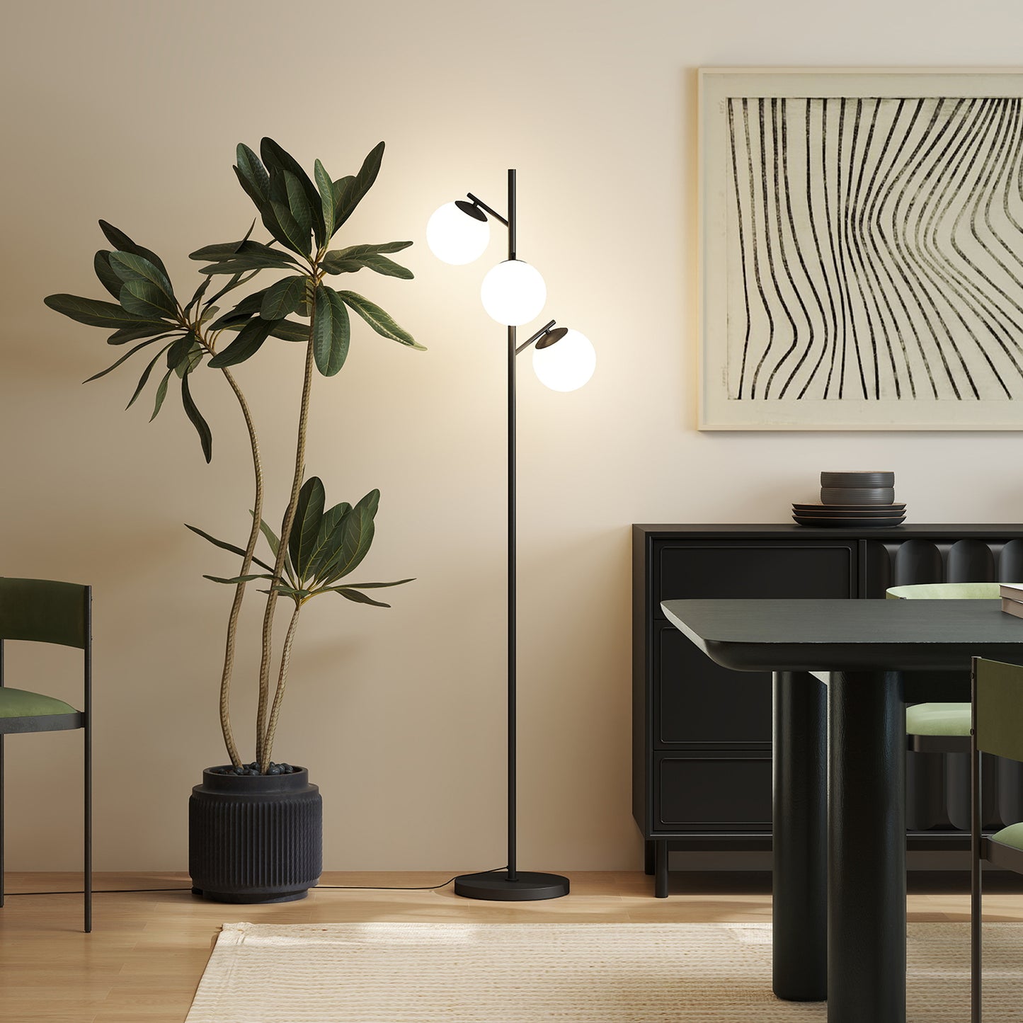 HOMCOM 3 Light Tree Floor Lamp Living Room Modern Standing Lamp Globe Lampshades Black Steel Base Bulb Not Included