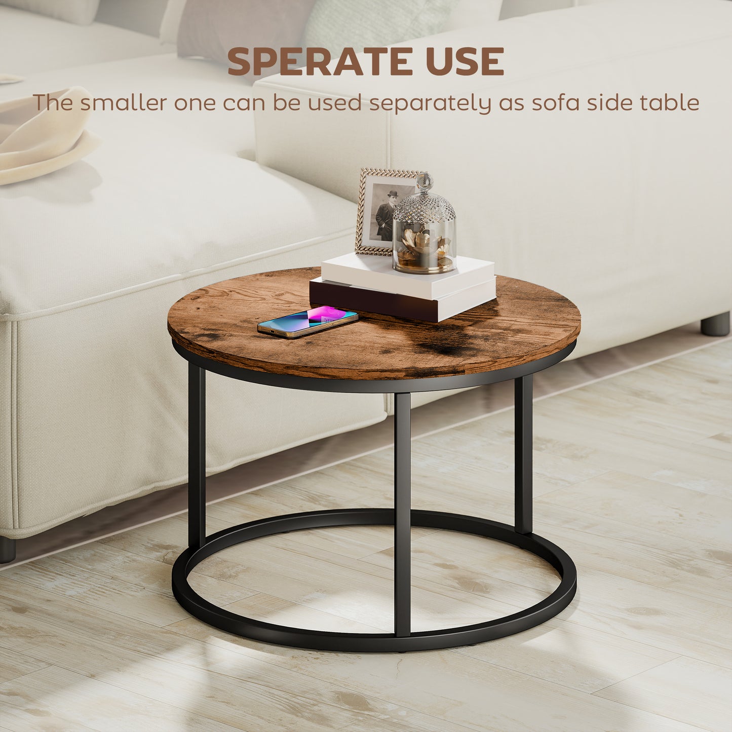 HOMCOM Coffee Table Set of 2 Round Nesting Tables with Metal Frame Rustic Brown Modern Living Room Side Tables