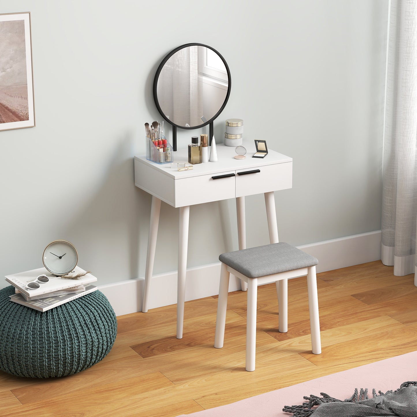 HOMCOM Modern Dressing Table With Round Mirror And Stool, Makeup Vanity With 2 Drawers In White, 60 x 40 x 123 Cm