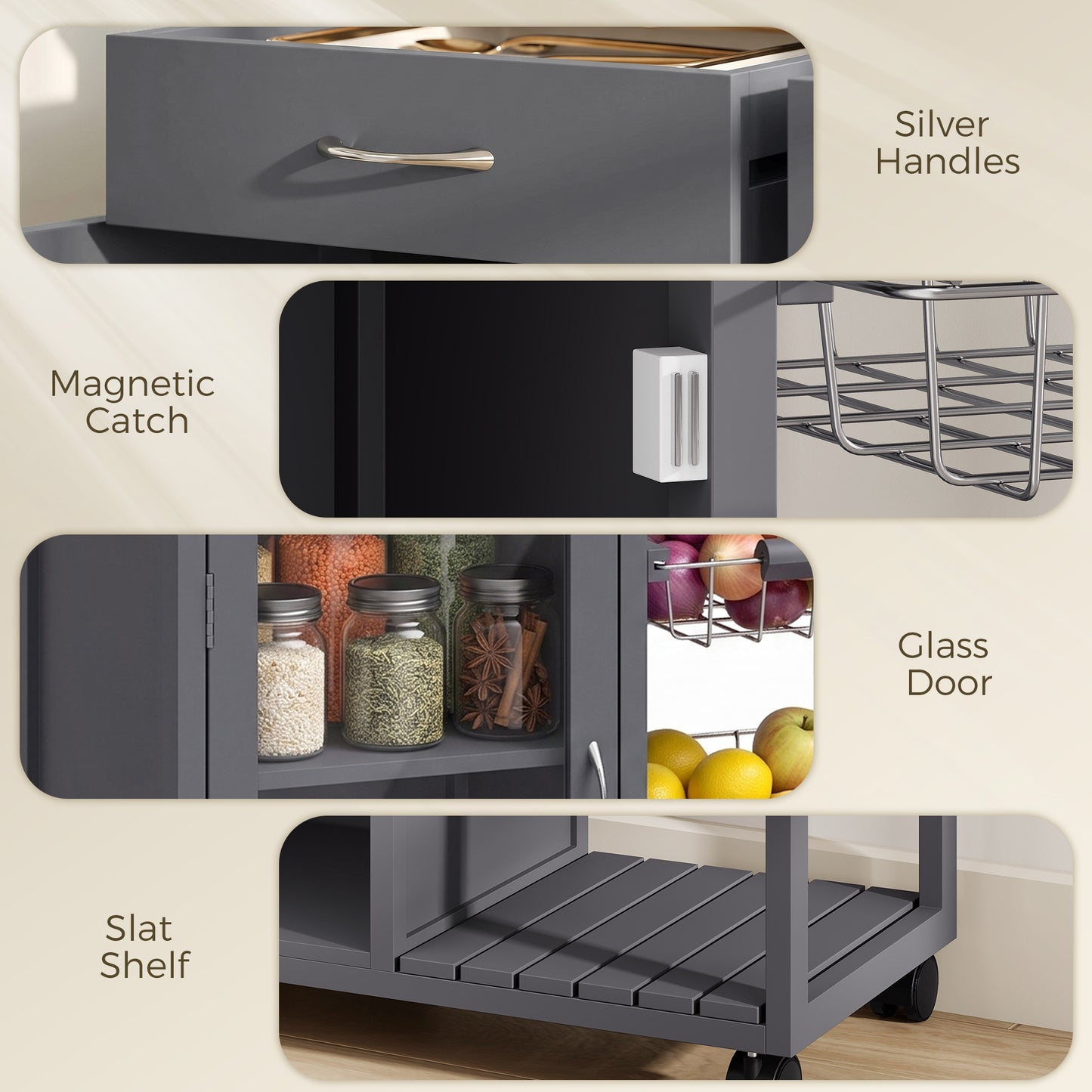 HOMCOM Bamboo Kitchen Island Rolling Trolley With Glass Door And Two Metal Wire Baskets Adjustable Shelf Grey