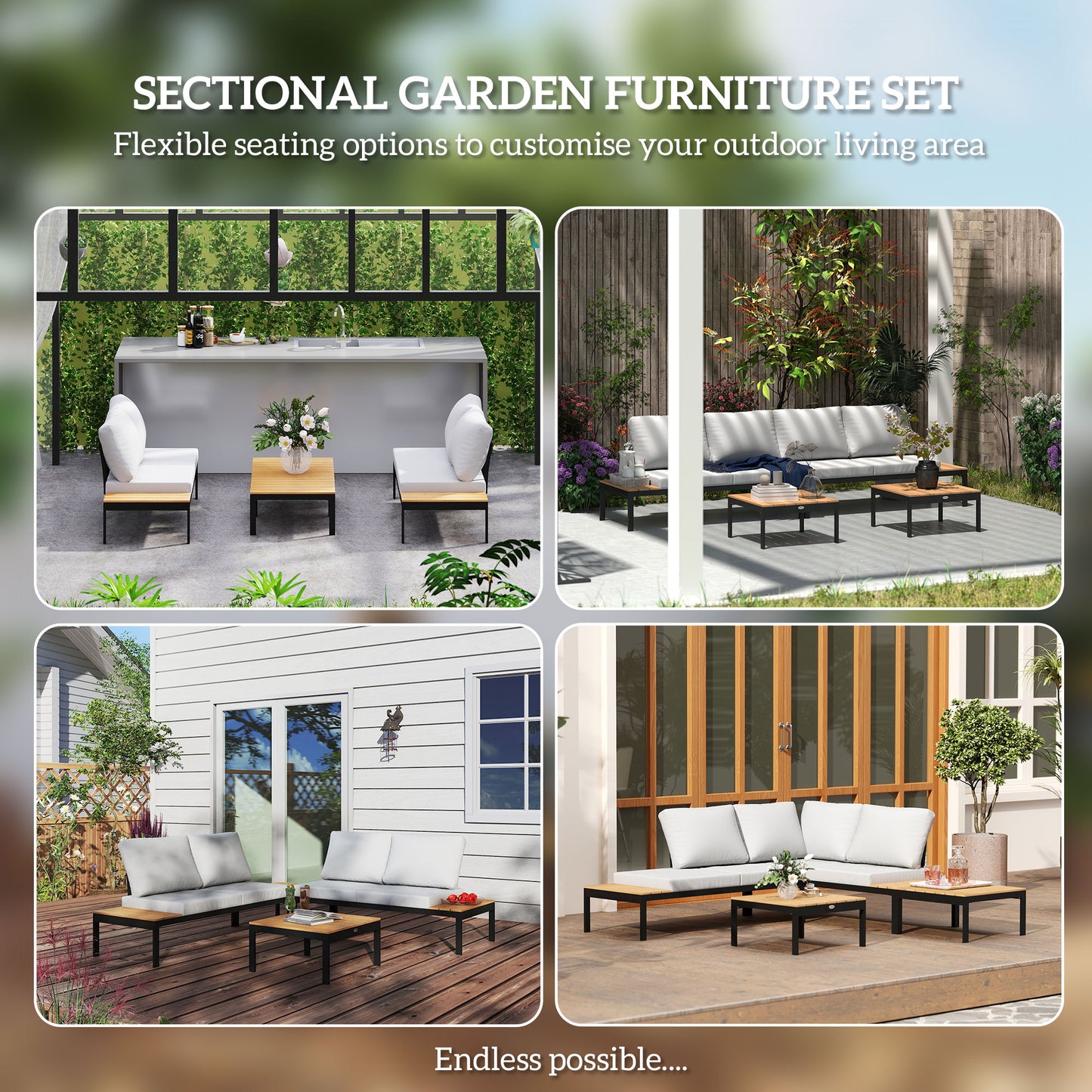 Outsunny Four Piece Garden Corner Sofa Set With Two Loveseats And Two Coffee Tables Teak Finish