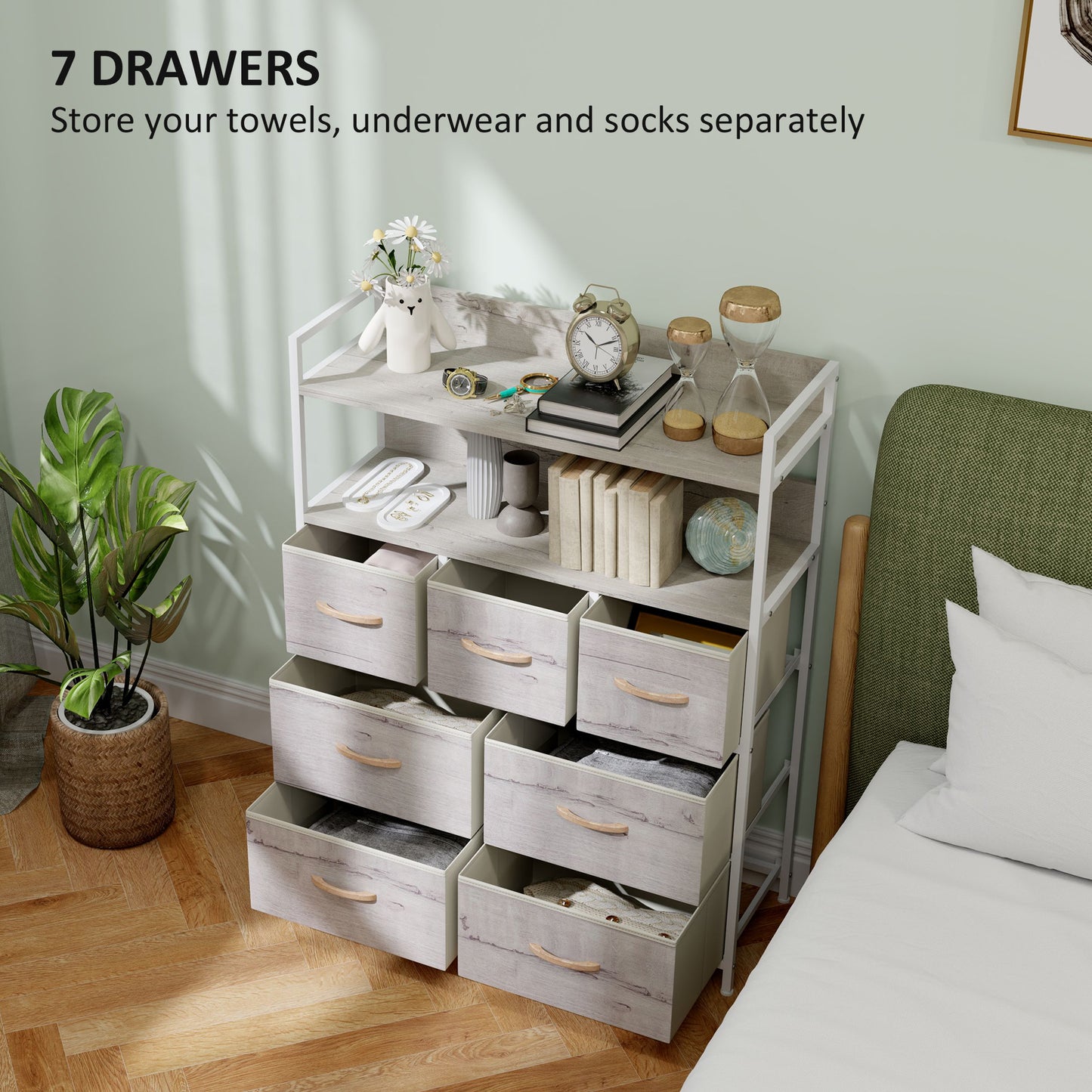HOMCOM Rustic Chest Of Seven Fabric Drawers Natural Wood Finish For Clothes Storage And Organization