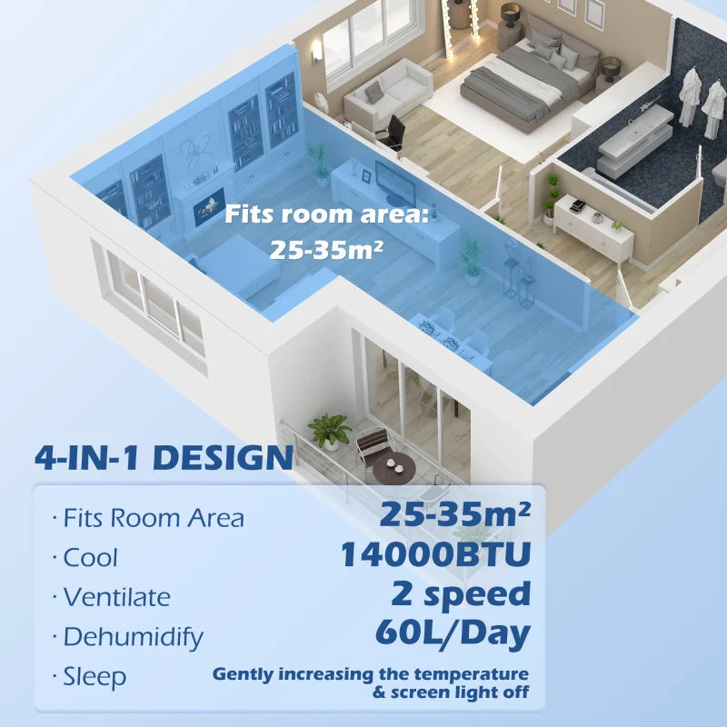 HOMCOM 14,000 BTU Mobile Air Conditioner with Heater, Cooler, Dehumidifier, Fan, WiFi Compatibility - Smart Home Appliance with 24H Timer - ALL4U RETAILER LTD