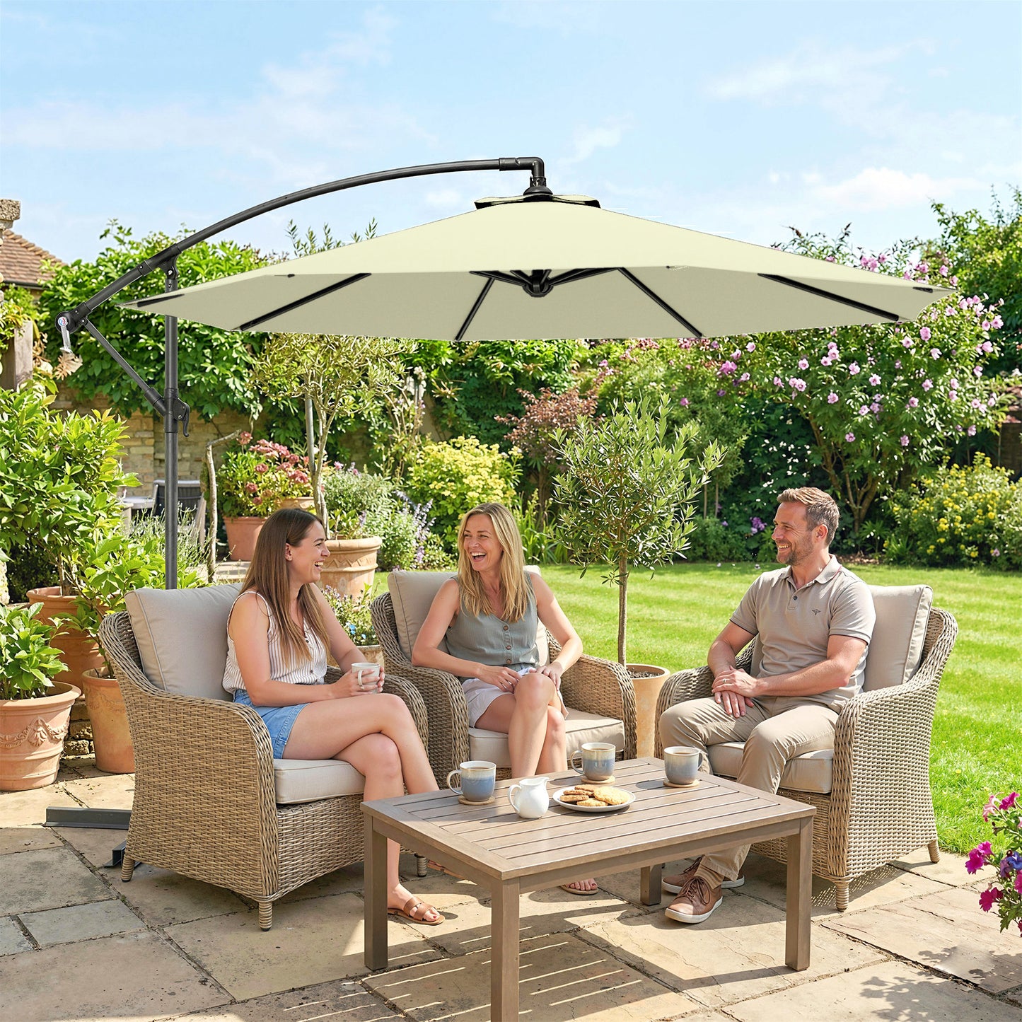 Outsunny 3m Overhanging Cantilever Parasol With Cross Base Beige Outdoor Patio Shade Eight Rib Canopy UV Protected