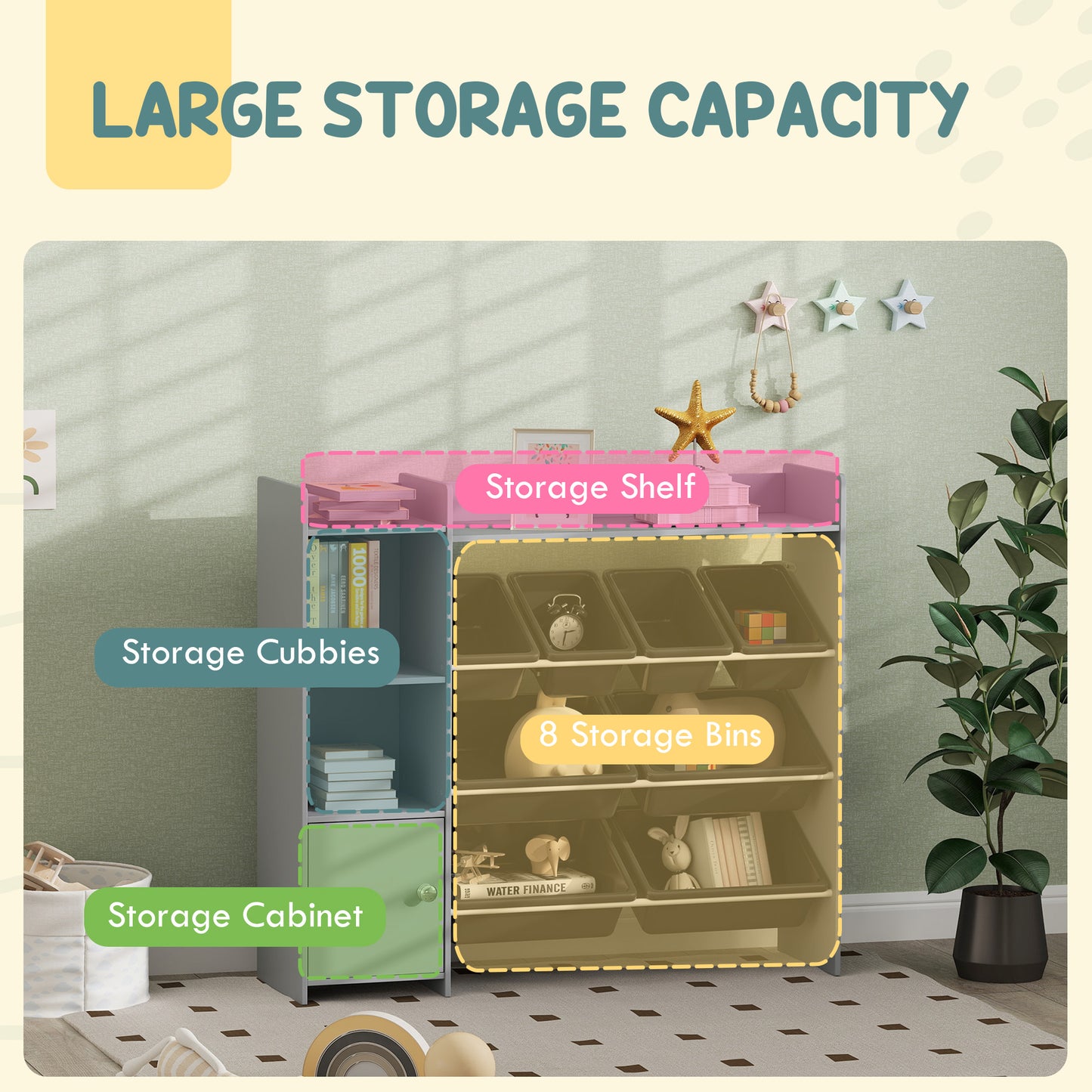 AIYAPLAY Toy Storage Unit With 8 Removable Bins Storage Shelves And Cabinet In Grey