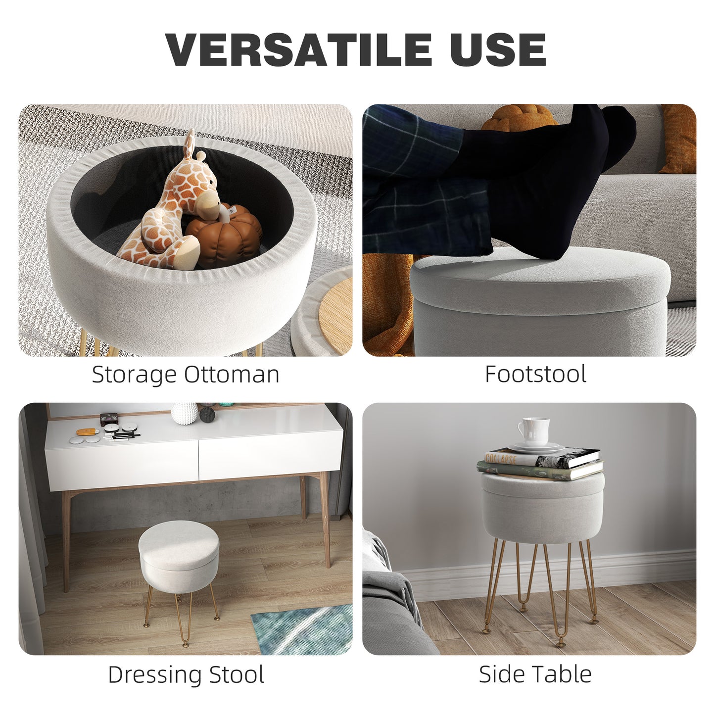 HOMCOM Velvet Feel Storage Ottoman 5L Cream White With Gold Hairpin Legs Luxurious Upholstery