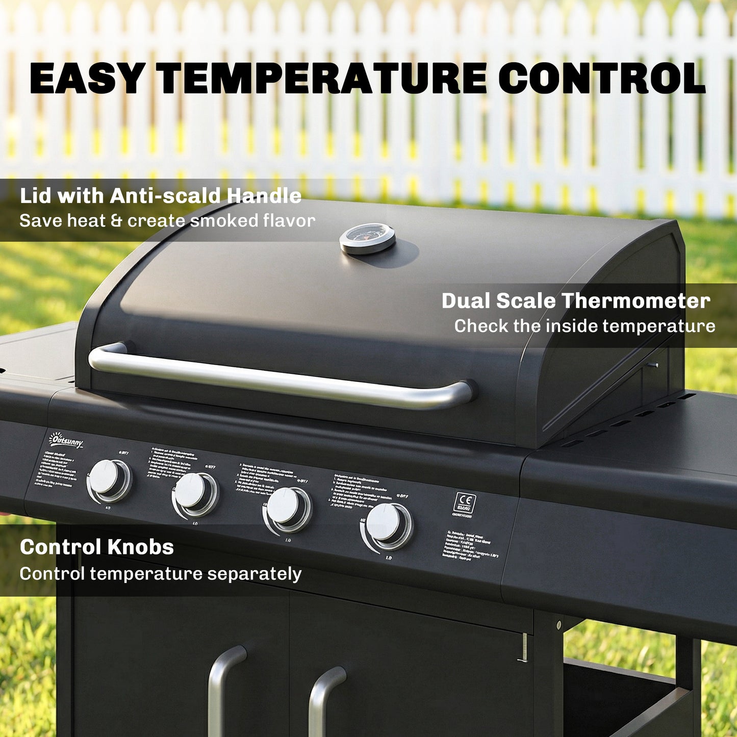 Outsunny 5 Burner Gas BBQ Grill With Storage Cabinet And Side Table, 15.2 kW Trolley, Warming Rack, 4 Wheels