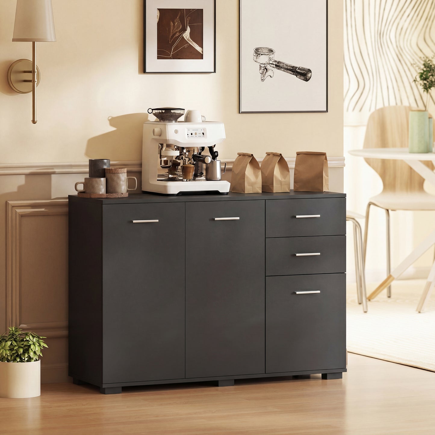 HOMCOM Modern Black Sideboard Storage Cabinet With 2 Drawers 3 Doors And Adjustable Shelves Flat Top