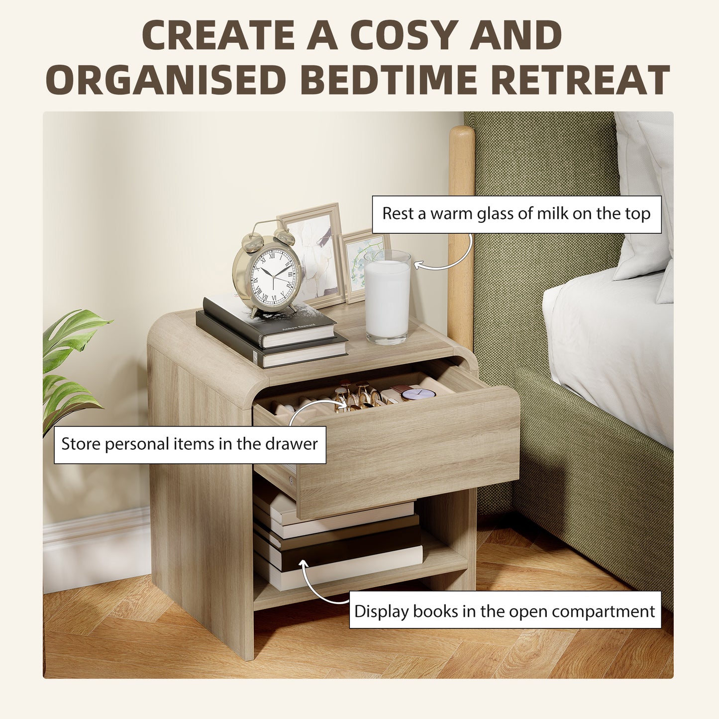 HOMCOM Bedside Tables Set Of 2 With Rounded Corners Modern Nightstands Silent Drawers For Bedroom Natural Finish