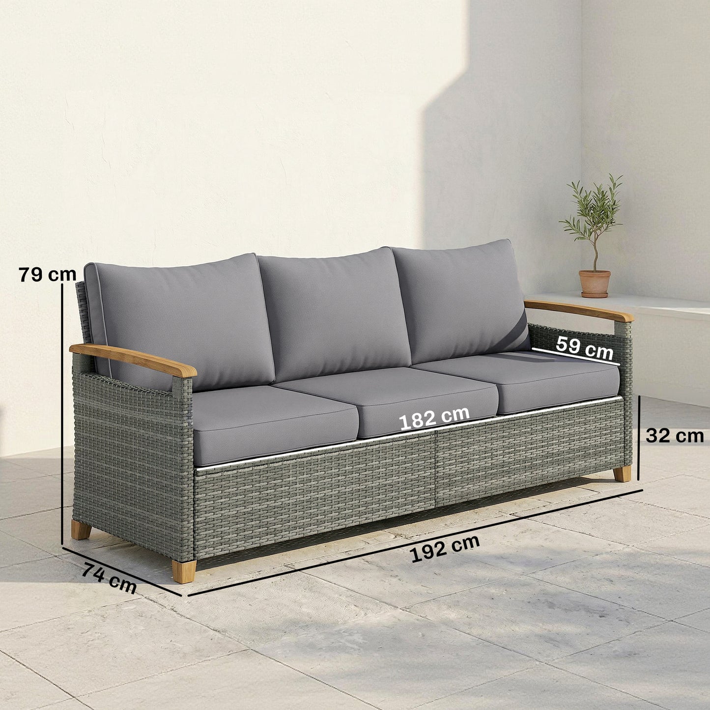 Outsunny 3 Seater Rattan Garden Sofa Outdoor PE Wicker Wood Effect Armrests Legs Deep Seat 4 Inch Cushions Dark Grey