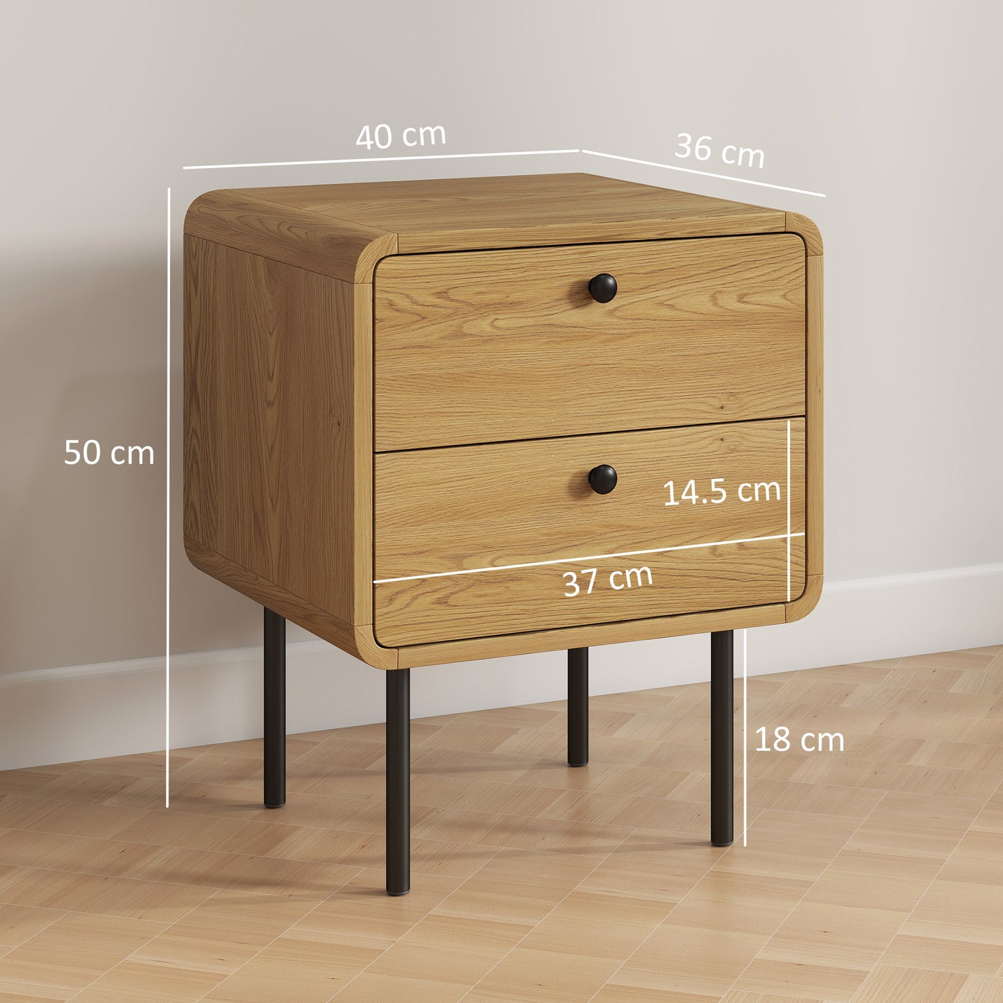 HOMCOM Bedside Table With 2 Drawers And Durable Steel Legs In Oak Finish For Modern Bedroom Storage And Organization