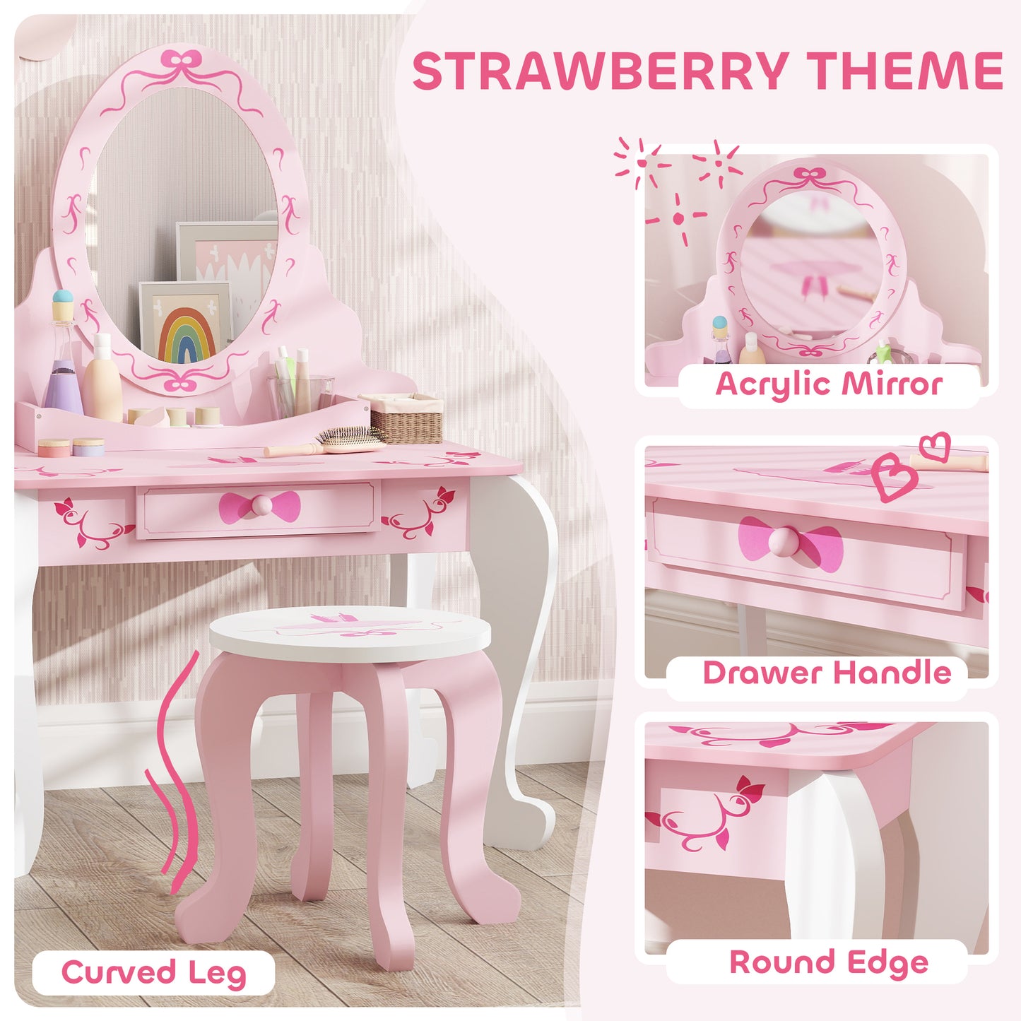 AIYAPLAY Kids Dressing Table Set, Vanity Table With Stool, Mirror, Drawer, Storage, Ballet Theme Pink