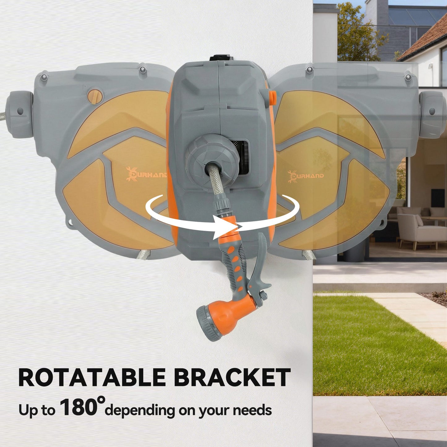 Durhand 10m Garden Hose Reel Wall Mounted Auto Rewind With 7 Pattern Spray Nozzle Orange Includes Wall Fixings