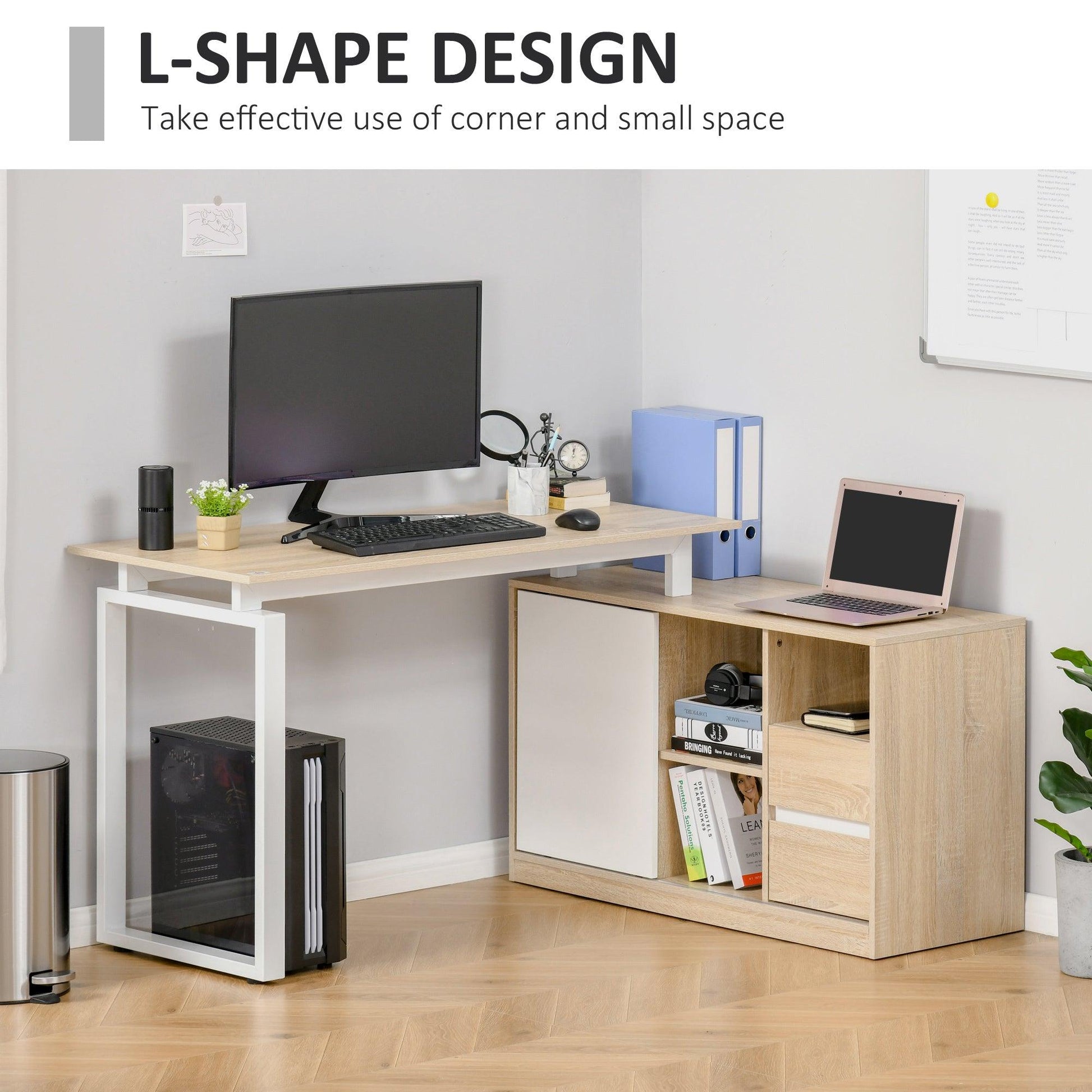 HOMCOM L-Shaped Home Office Desk with Storage Shelf and Drawer - ALL4U RETAILER LTD