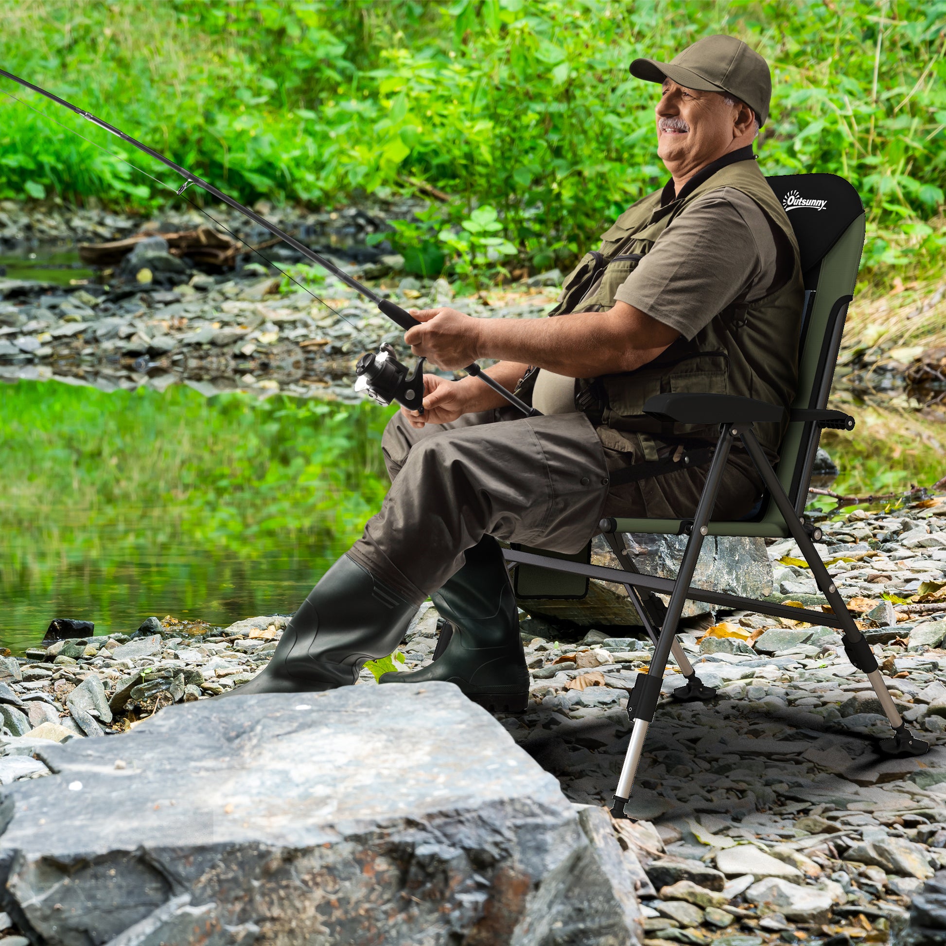 Outsunny Adjustable Portable Fishing Chair with Foldable Metal Frame and Padded Comfort, Green/Black - ALL4U RETAILER LTD