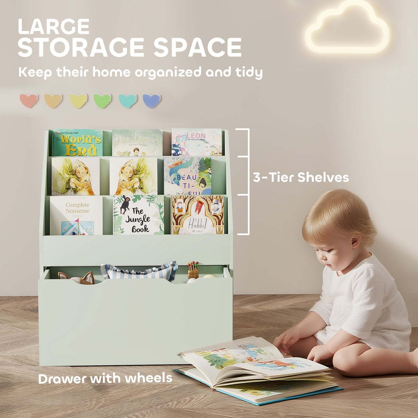 AIYAPLAY Kids Bookcase With Three Shelves And Drawer On Wheels For Bedroom And Playroom Green
