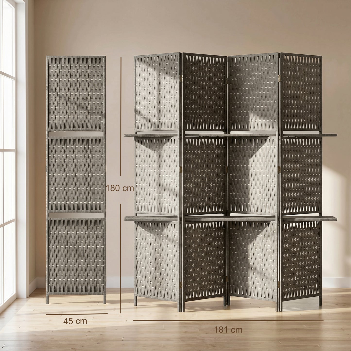 HOMCOM Wave Fibre Freestanding Folding Privacy Screen Panels Room Divider Grey With Shelves For Storage
