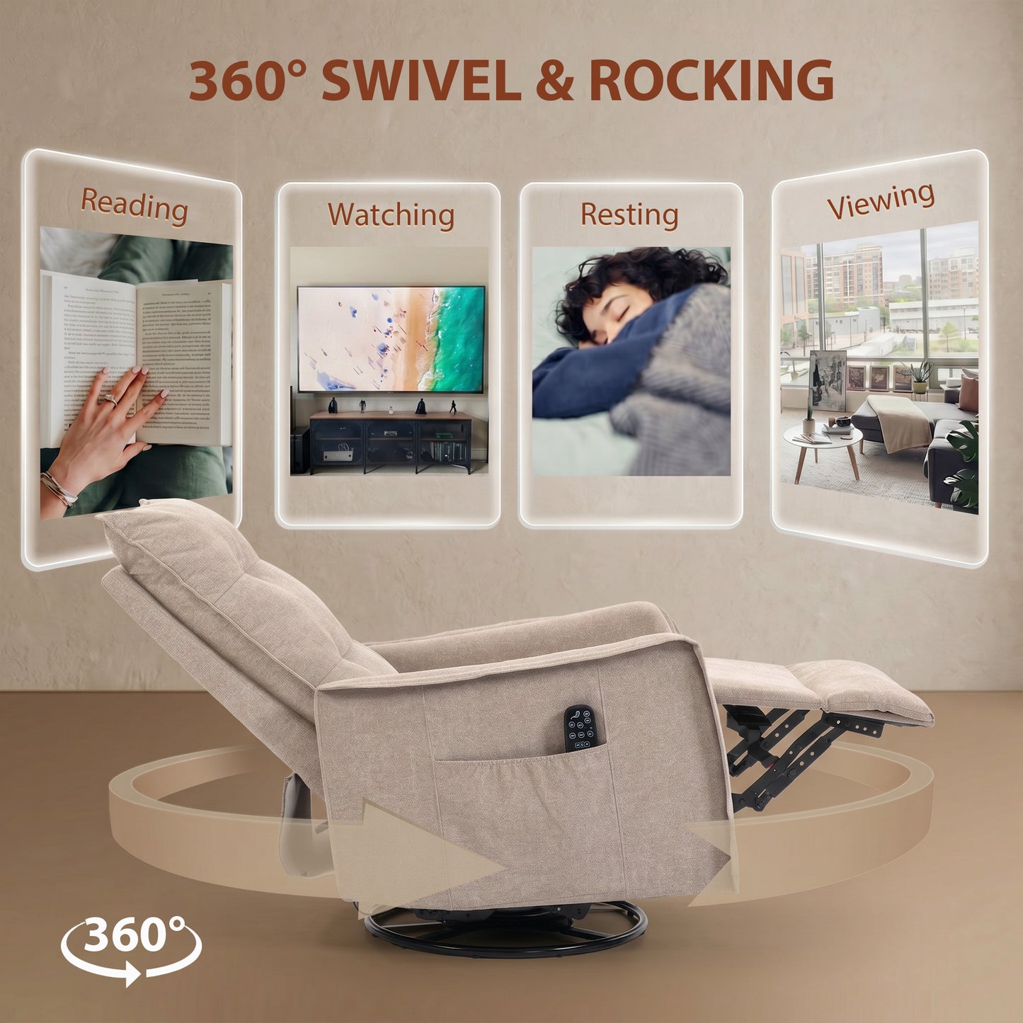 HOMCOM Chenille Recliner Armchair With Massage And Heat 360 Degree Swivel Manual Rocking Chair Brown