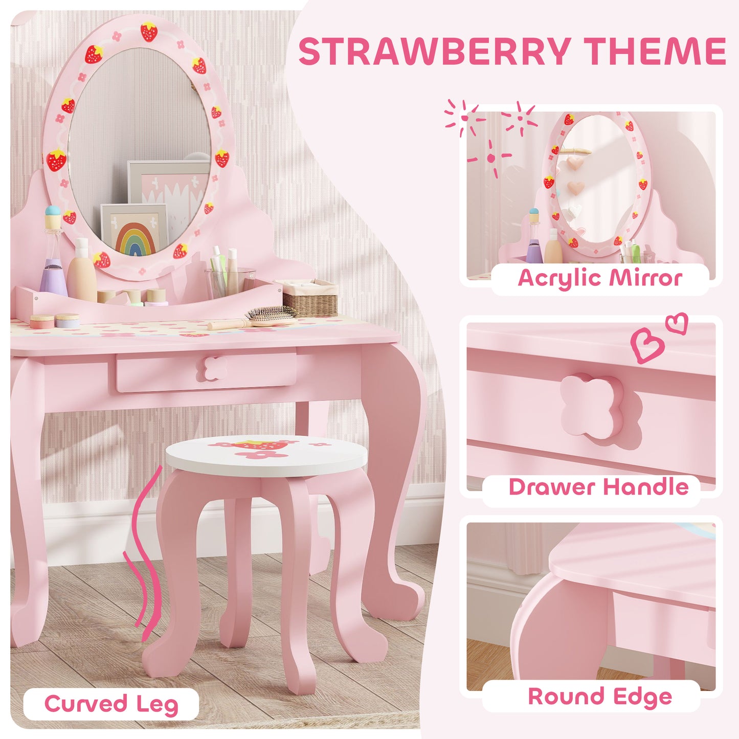 AIYAPLAY Kids Dressing Table Set Vanity With Stool Mirror Drawer Storage Strawberry Theme Pink