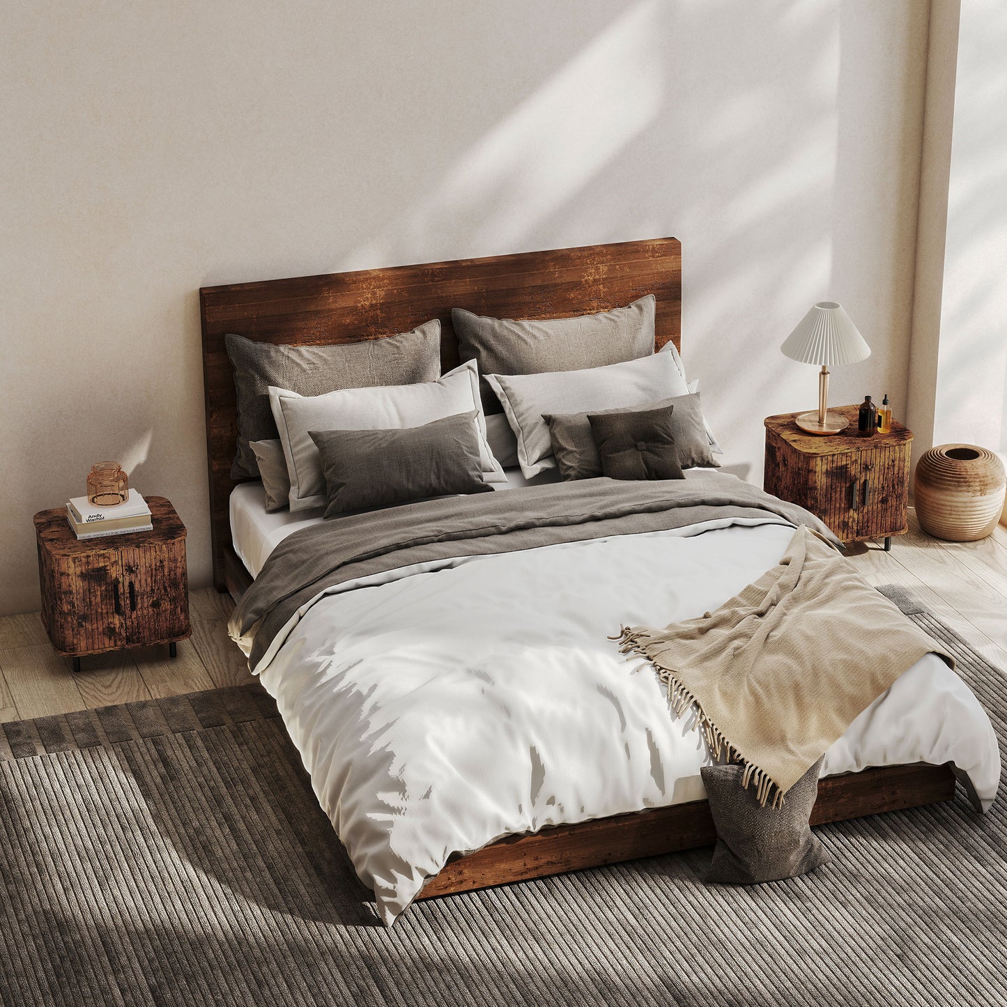 HOMCOM Bedside Table Nordic Nightstand With Roller Shutter Style Sliding Doors And Metal Legs Rustic Brown