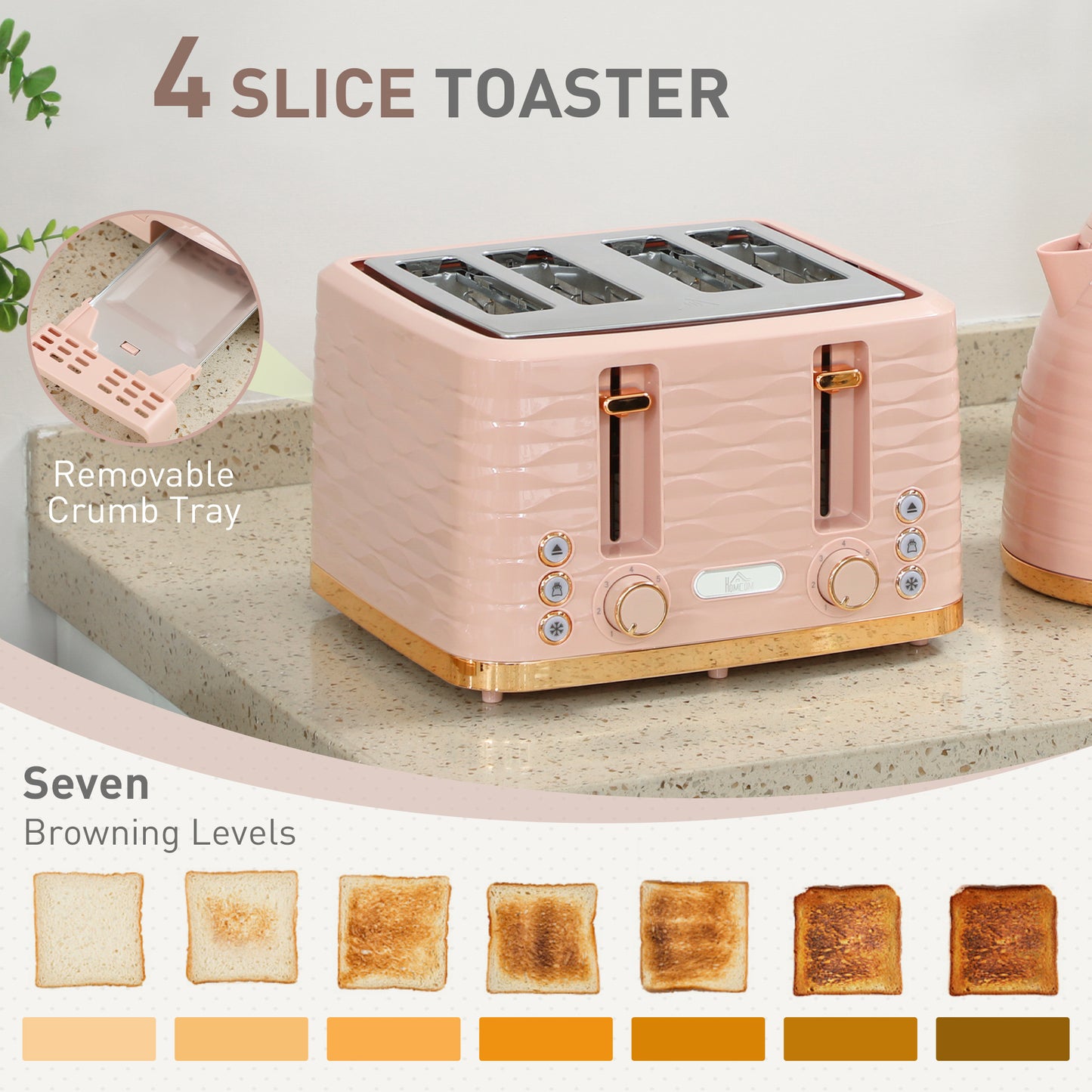 HOMCOM 3000W 1.7L Kettle And 4 Slice Toaster Set With 7 Browning Controls And Crumb Tray Light Pink