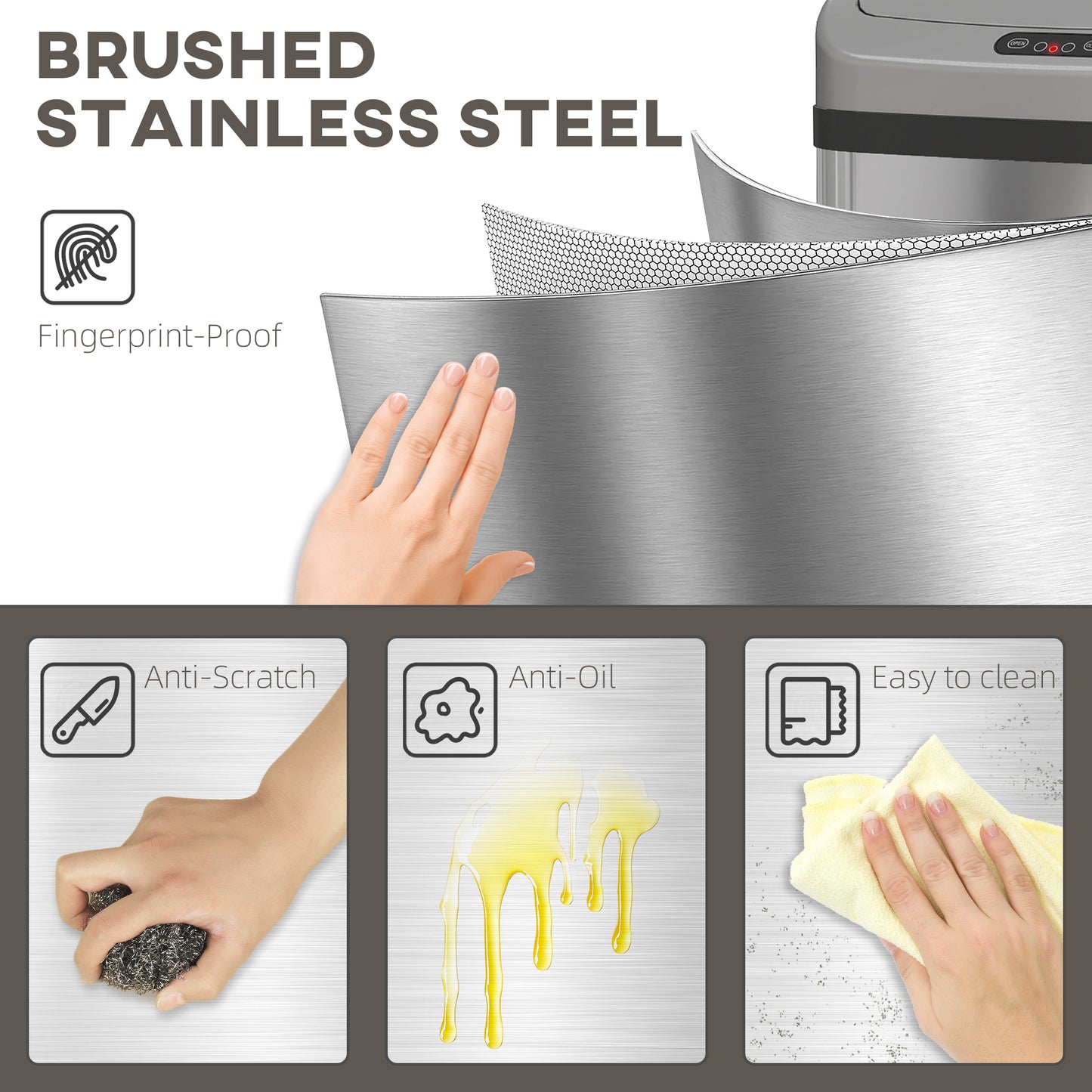 HOMCOM 48L Stainless Steel Sensor Bin Automatic Lid Infrared Sensor Kitchen Trash Can Silver Tone