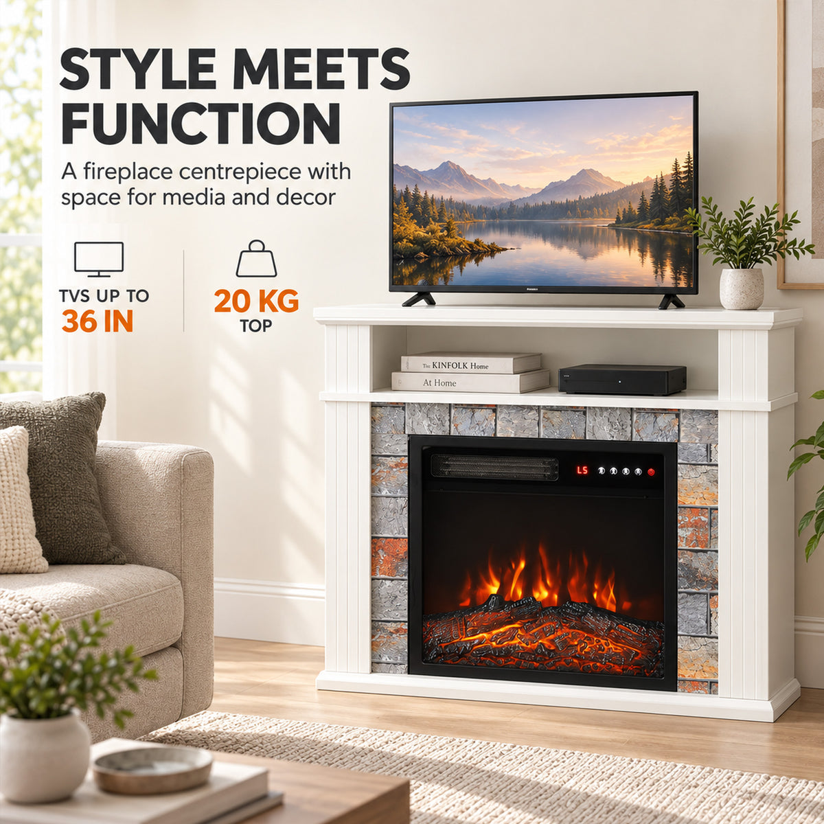 White electric fireplace TV stand with LED flame insert and TV-ready top surface.