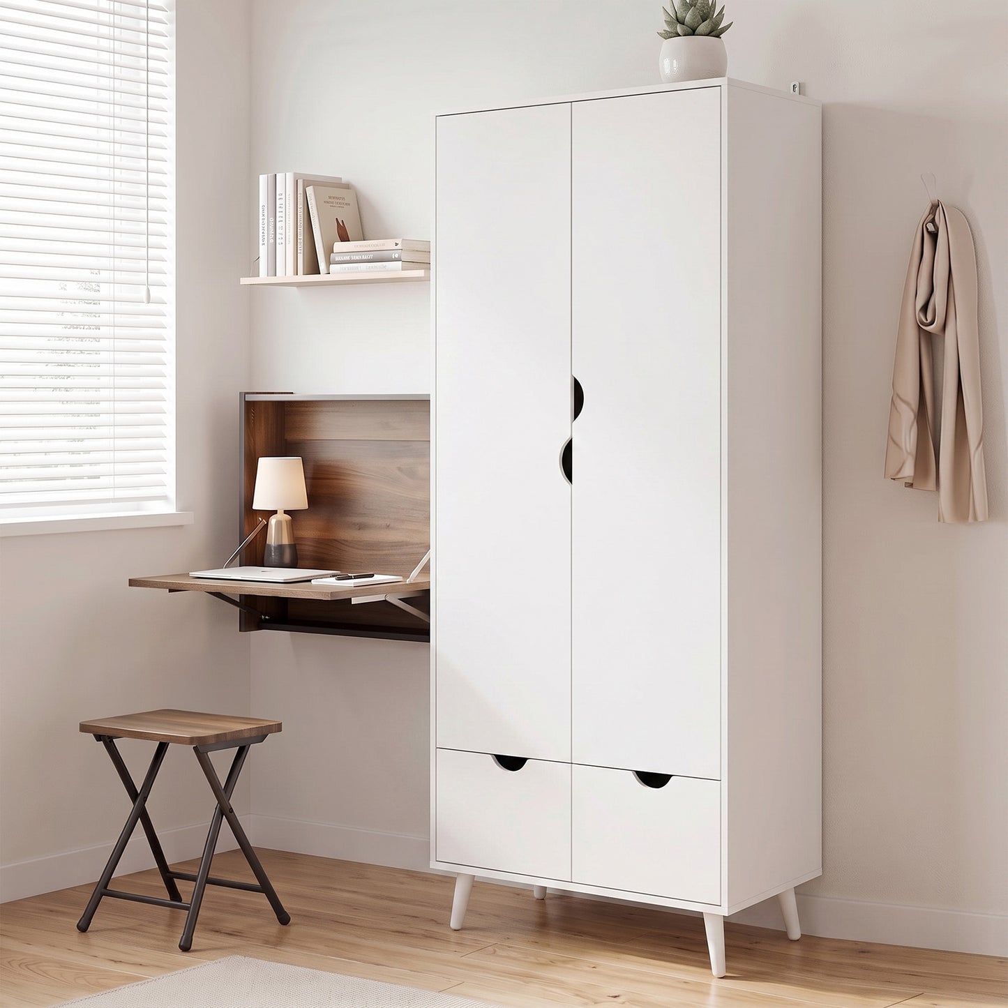 HOMCOM White 2 Door Wardrobe With 2 Drawers Hanging Rail And Shelves Wooden Feet