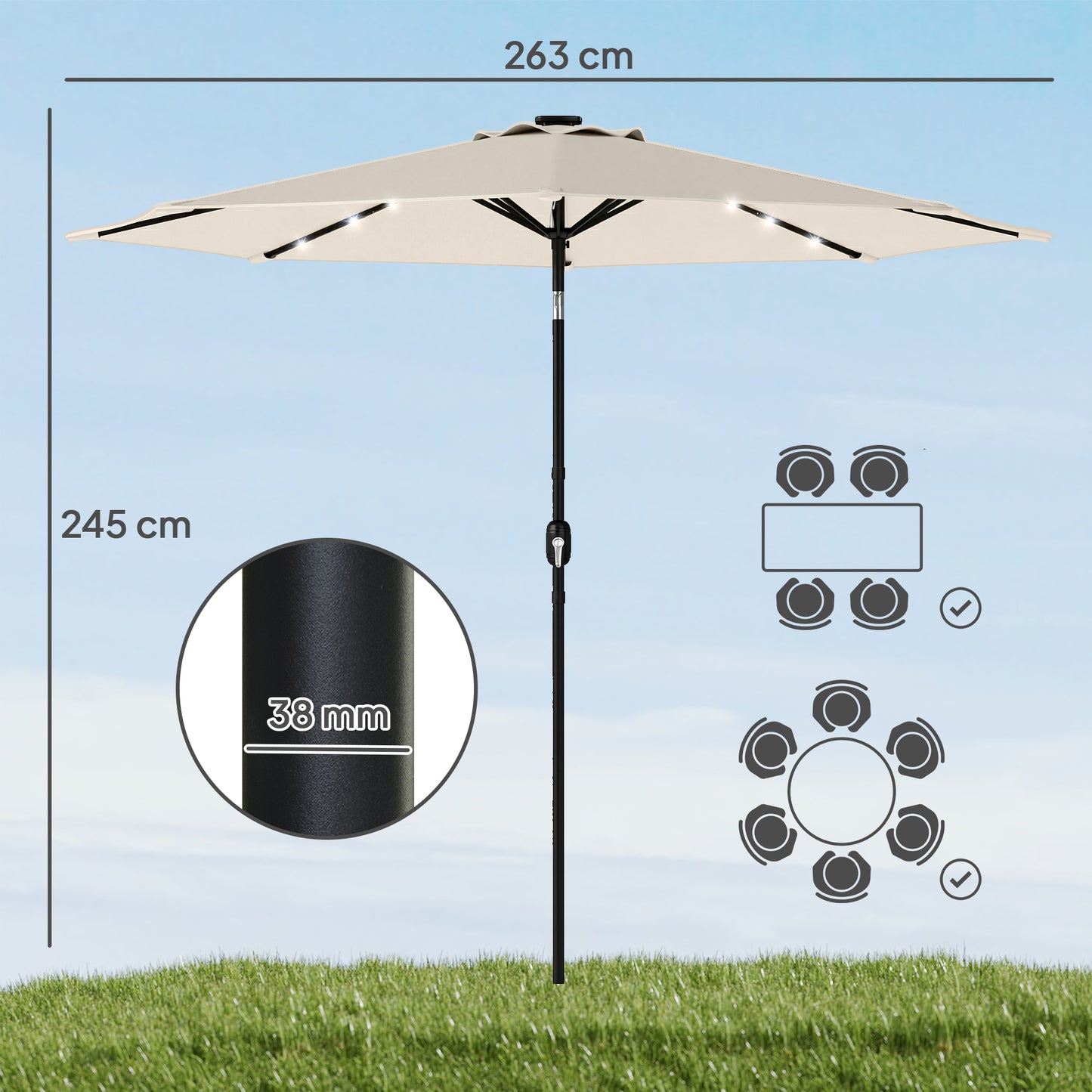 Outsunny 2.6 m Garden Parasol Umbrella With LED Solar Lights Cream White Canopy Includes Parasol Cover