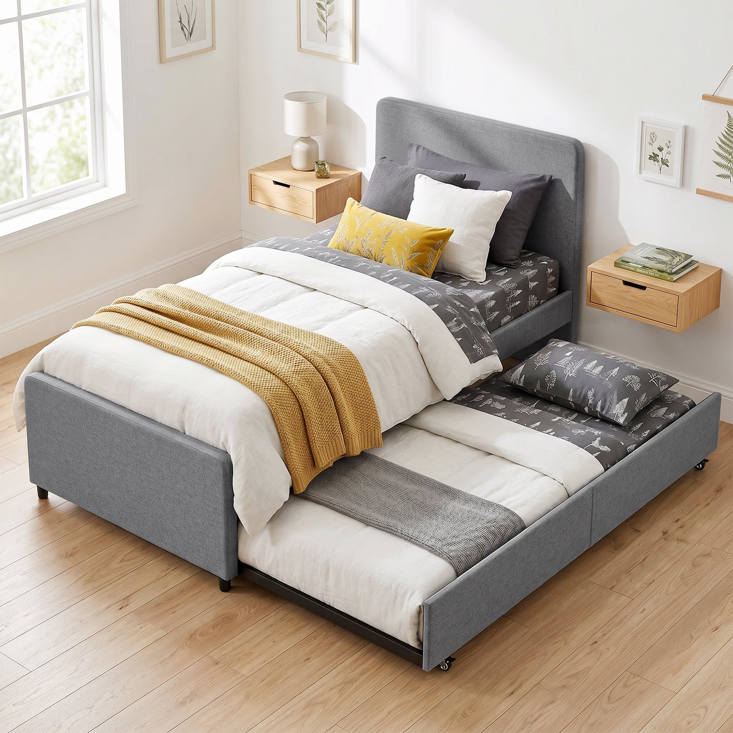 HOMCOM 3 Foot Single Bed Frame With Upholstered Pull Out Trundle Bed Headboard And Footboard Dark Grey
