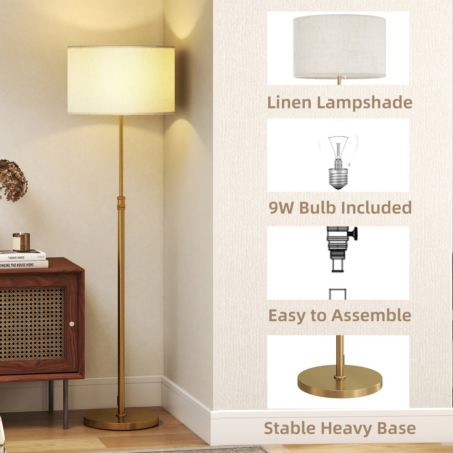 HOMCOM Floor Lamp With Remote And Dimmable Colour Temperature 3000K-6000K, Height Adjustable Linen Shade, Gold Tone