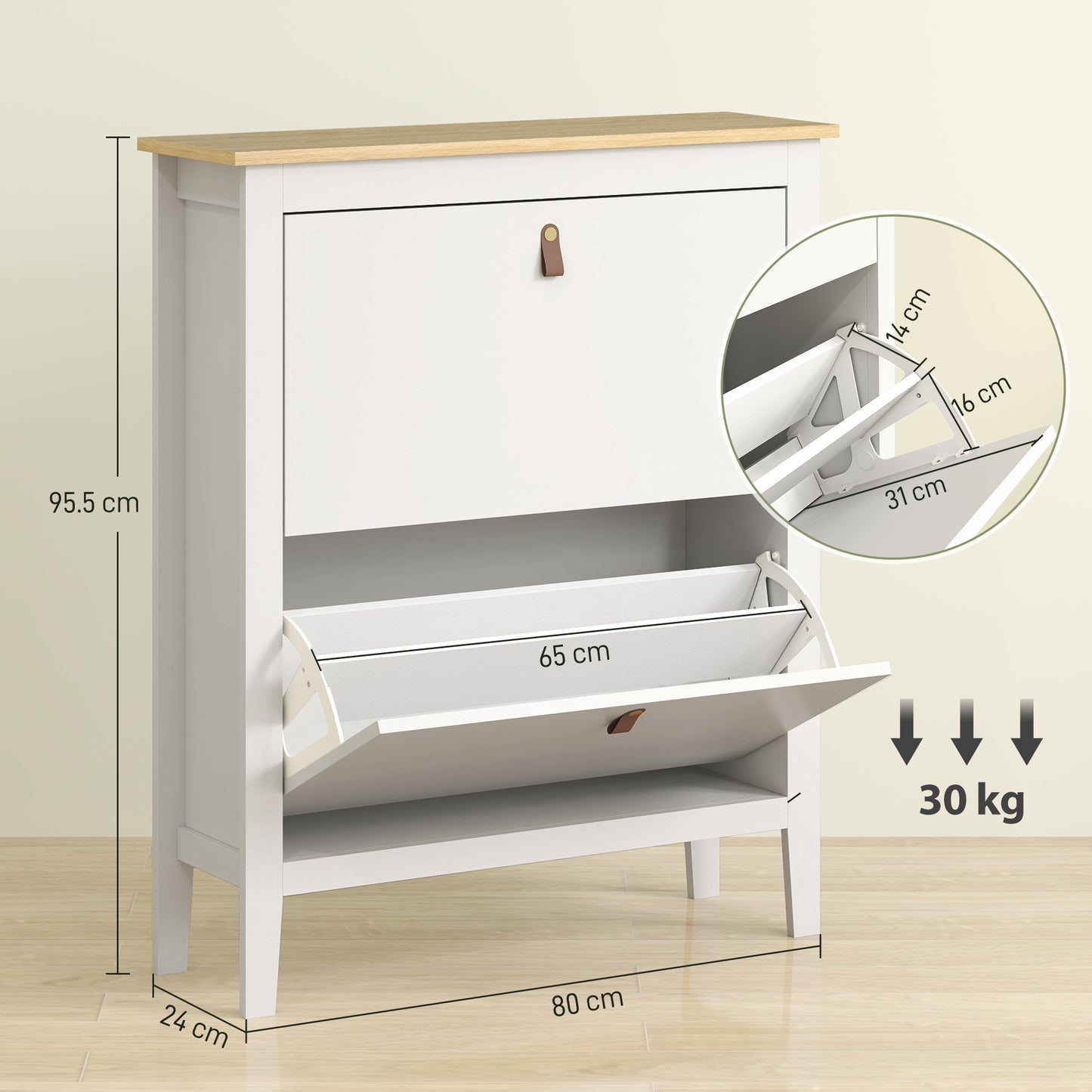 HOMCOM Modern Two Drawer Shoe Cabinet White Slim Shoe Storage For 14 Pairs UK Mens 9.5