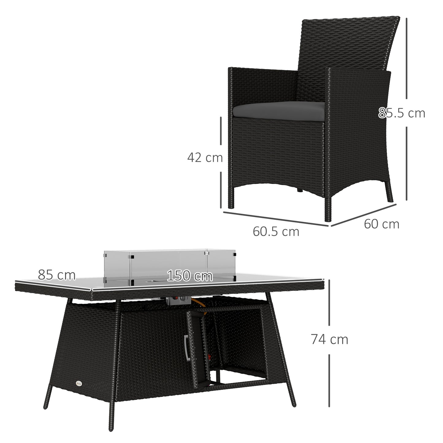 Outsunny 7 Piece Outdoor Rattan Garden Furniture Set With Fire Pit Table 6 Chairs 50000 BTU Propane Heater Black