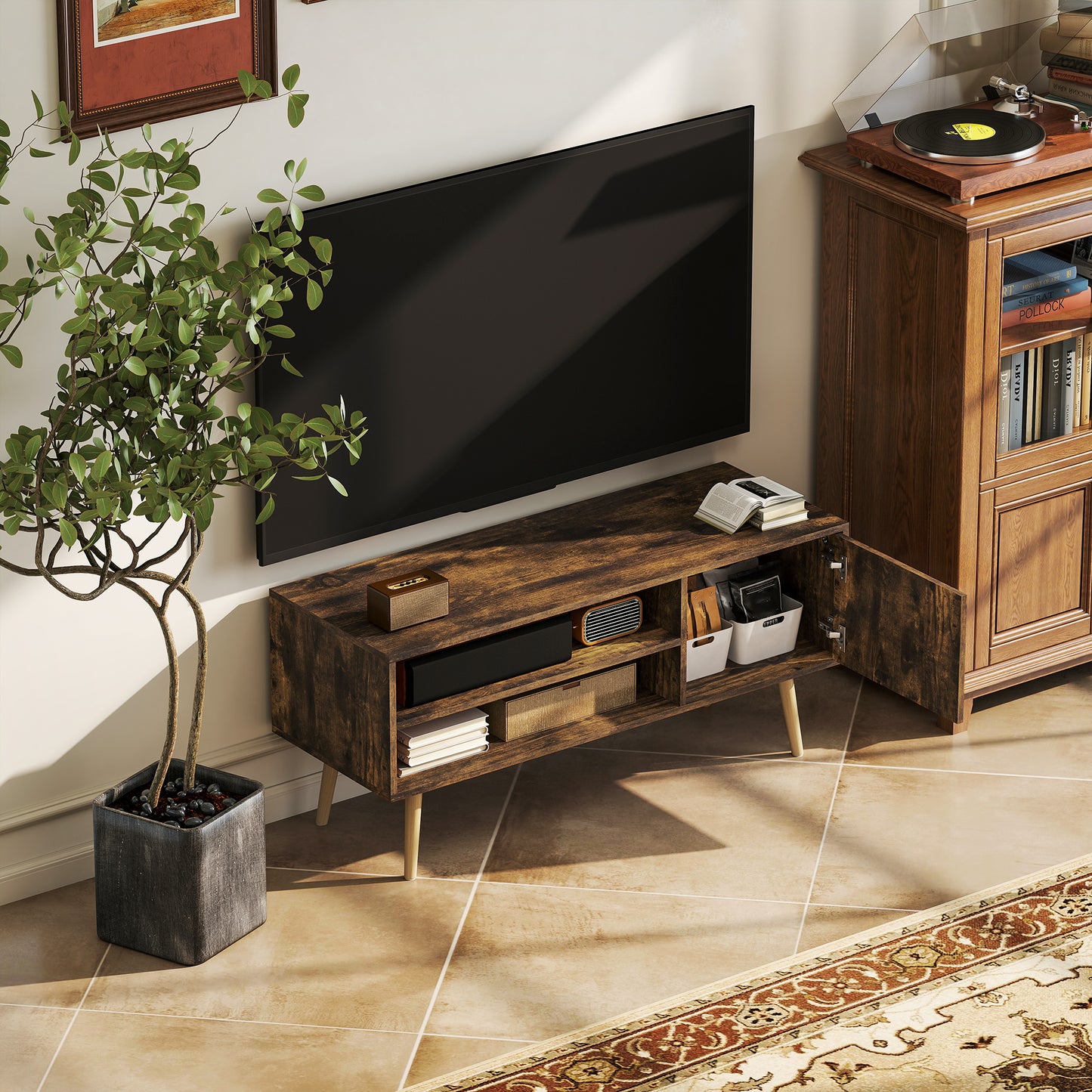 HOMCOM TV Stand For 55 Inch TVs With Open Shelves And Cable Holes Brown Finish Two Storage Shelves And Cupboard