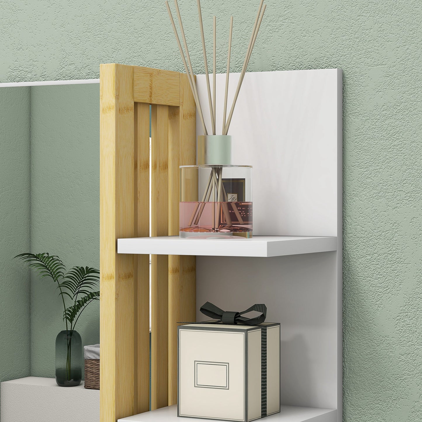 Homcom Bamboo Panel Bathroom Mirror With Shelves White Large Wall Mounted Storage Cabinet