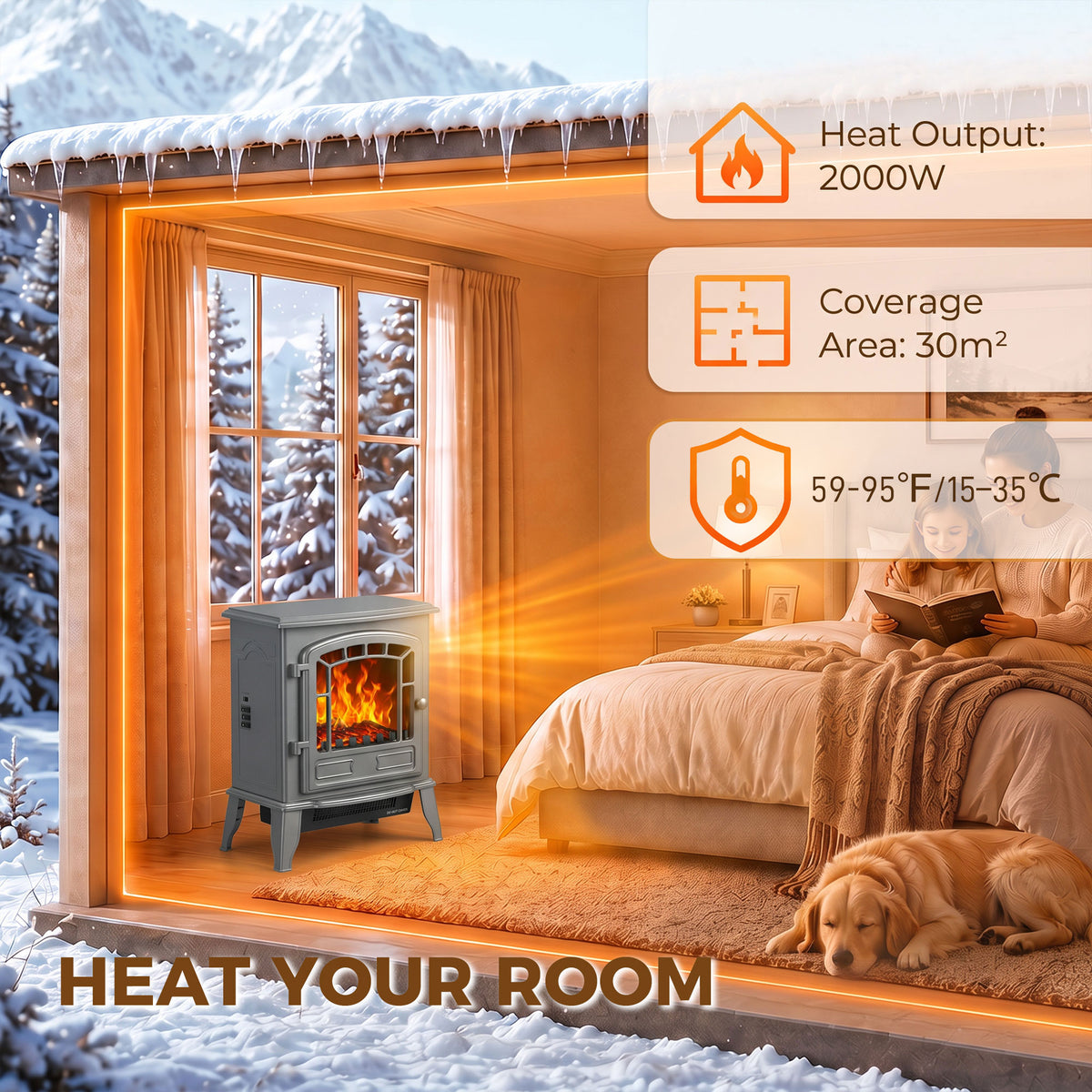 Homcom Freestanding Electric Fireplace Heater With Led Flame Effect Grey