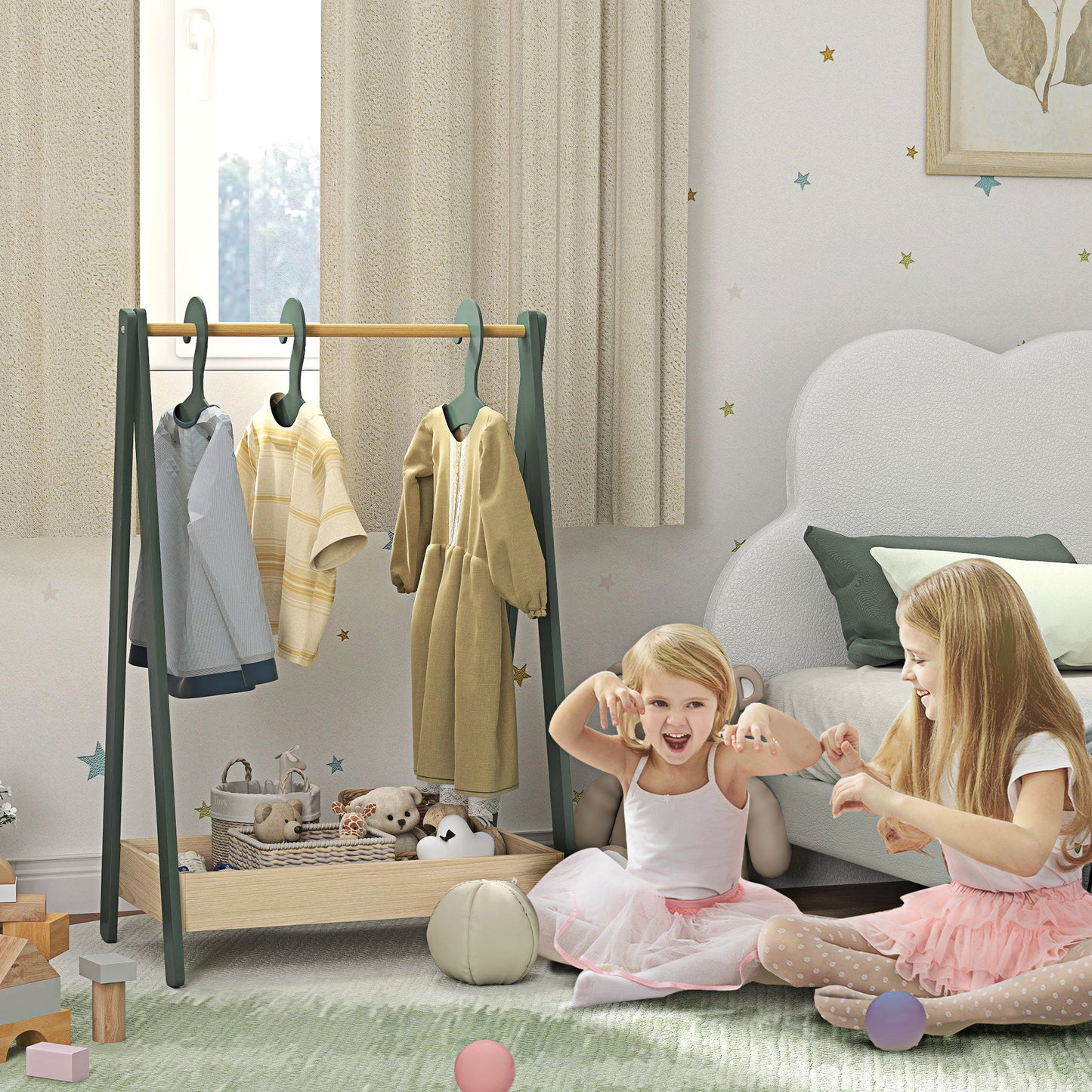 AIYAPLAY Kids Clothes Rail With Three Hangers And Bottom Storage Shelf For Girls And Boys Nursery Bedroom Green