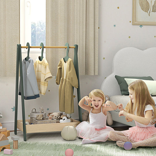 AIYAPLAY Kids Clothes Rail With 3 Hangers And Bottom Storage Shelf For Girls And Boys Nursery Bedroom Green