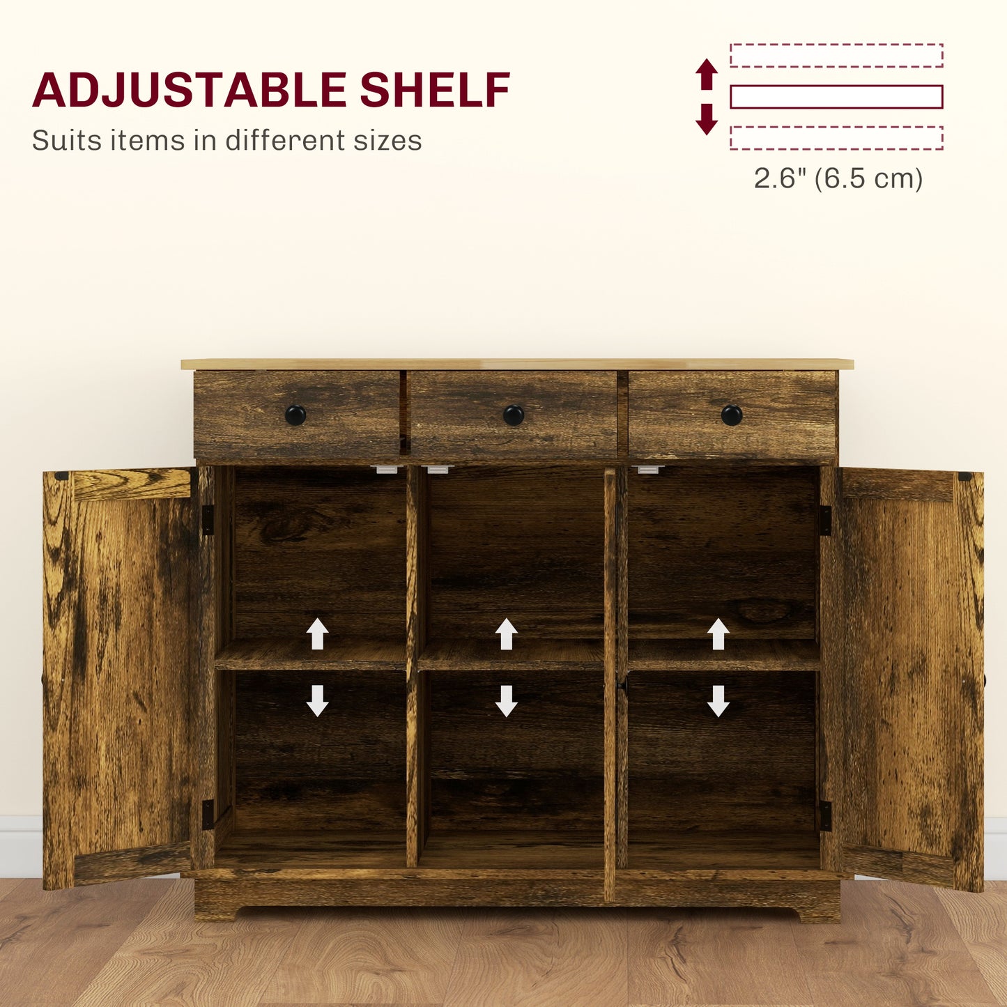 HOMCOM Sideboard Storage Cabinet With Rubberwood Top And Adjustable Shelves For Dining Room Kitchen Rustic Brown
