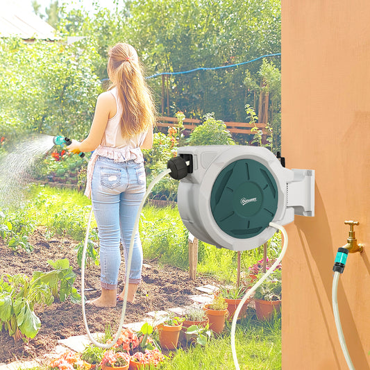 Outsunny Retractable Wall Mounted Hose Reel With 30 Meter Hose Auto Rewind 180 Degree Swivel 7 In 1 Nozzle