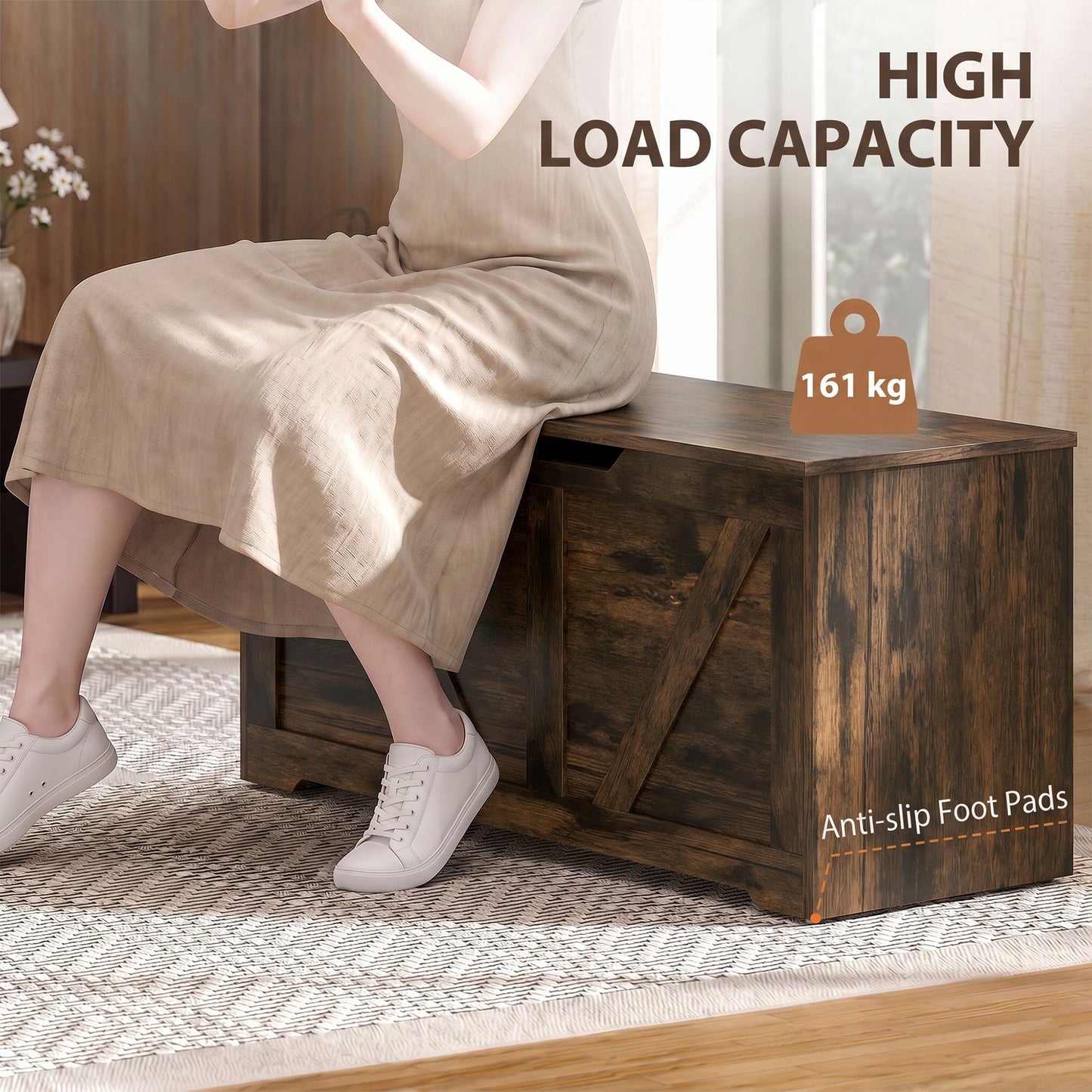 HOMCOM 127L Storage Trunk With Safety Hinges Rustic Brown Wood Effect Bench Seat