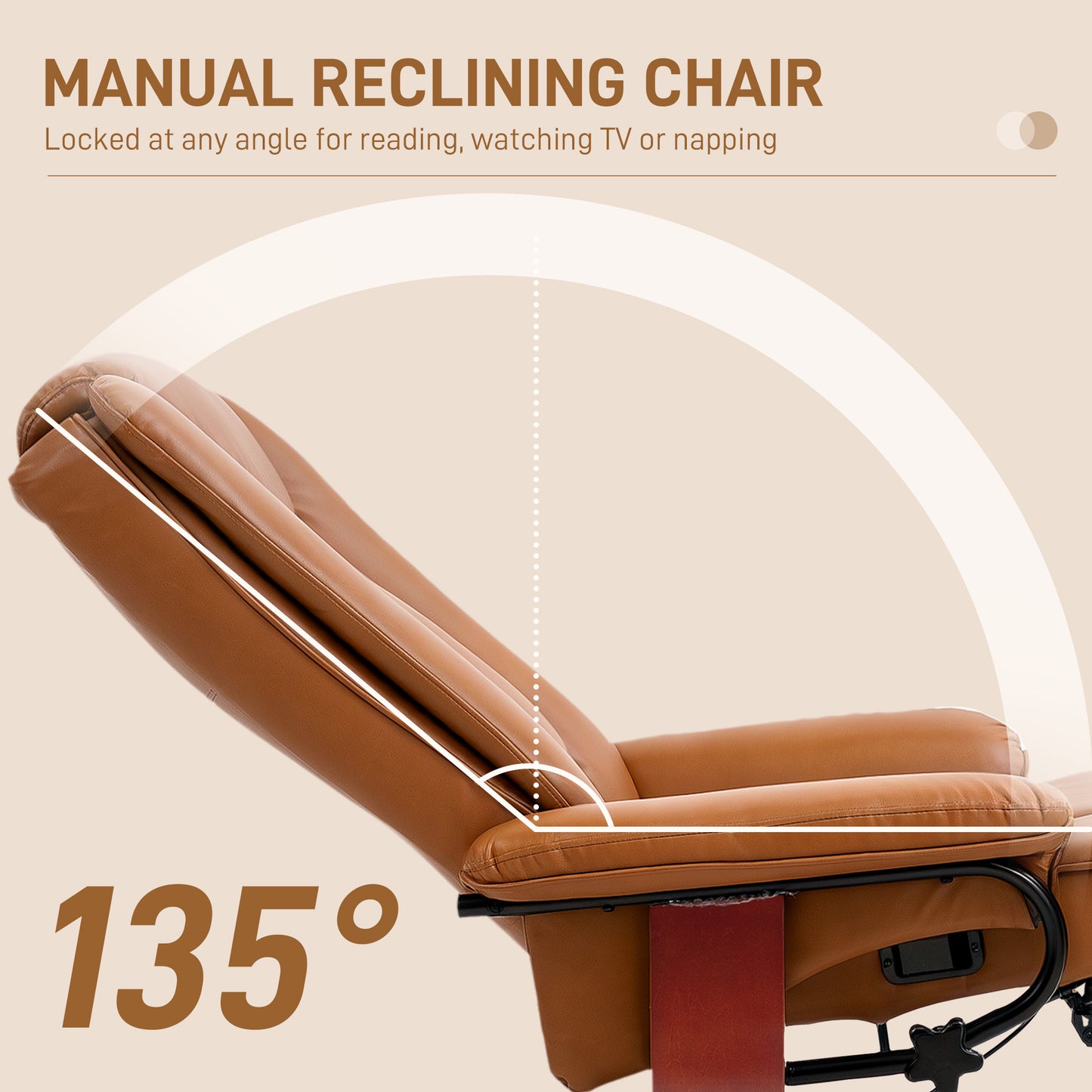 HOMCOM Faux Leather Recliner Chair Brown With 135 Degree Recline Built In Footrest And 360 Degree Swivel