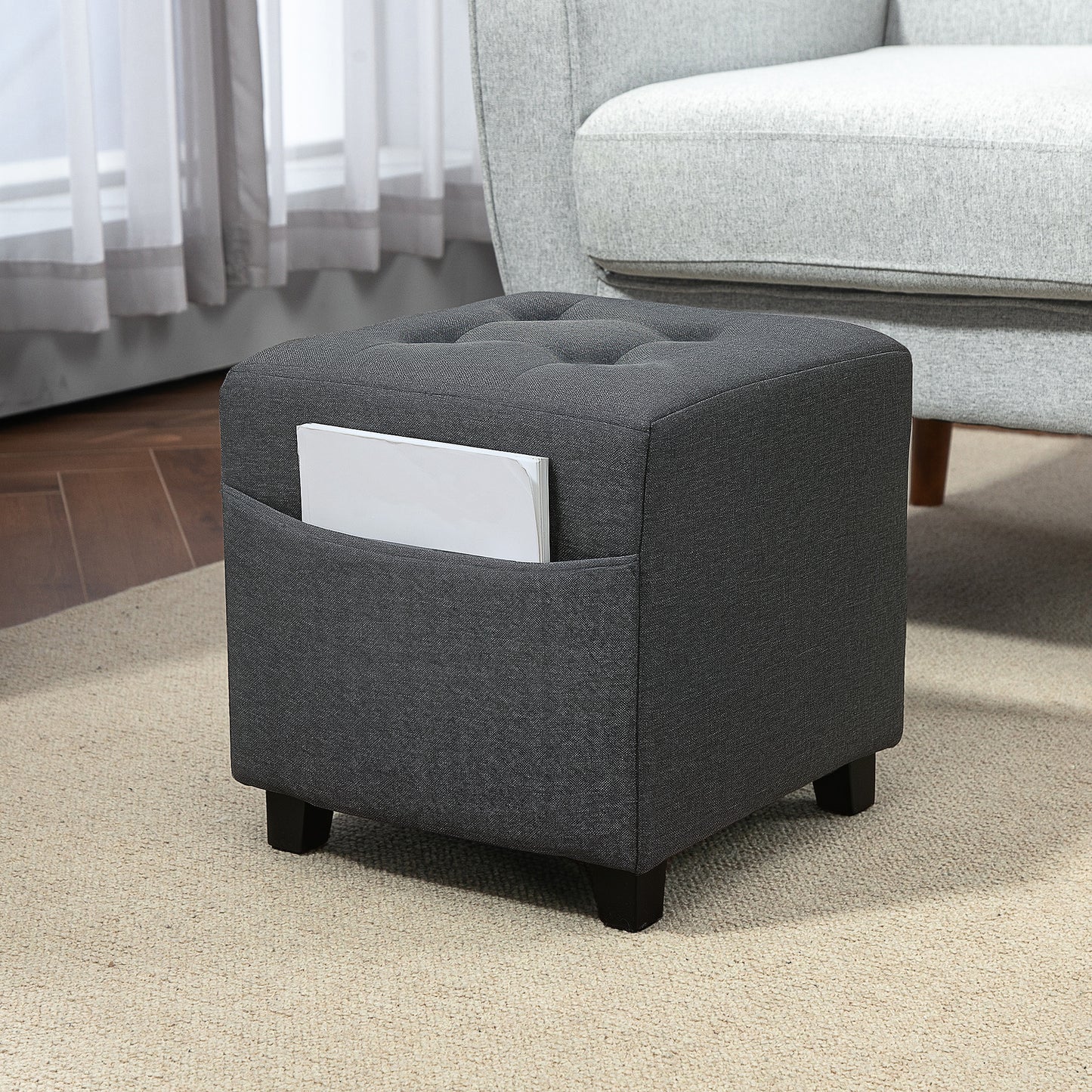 HOMCOM Square Footstool With Side Pocket Linen Fabric Ottoman Padded Seat Rubber Wood Legs Grey 35cm