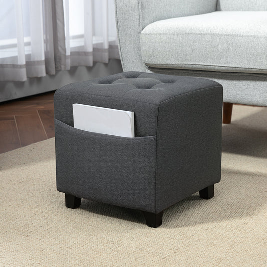 HOMCOM Square Footstool With Side Pocket Linen Fabric Ottoman Padded Seat Rubber Wood Legs Grey 35cm
