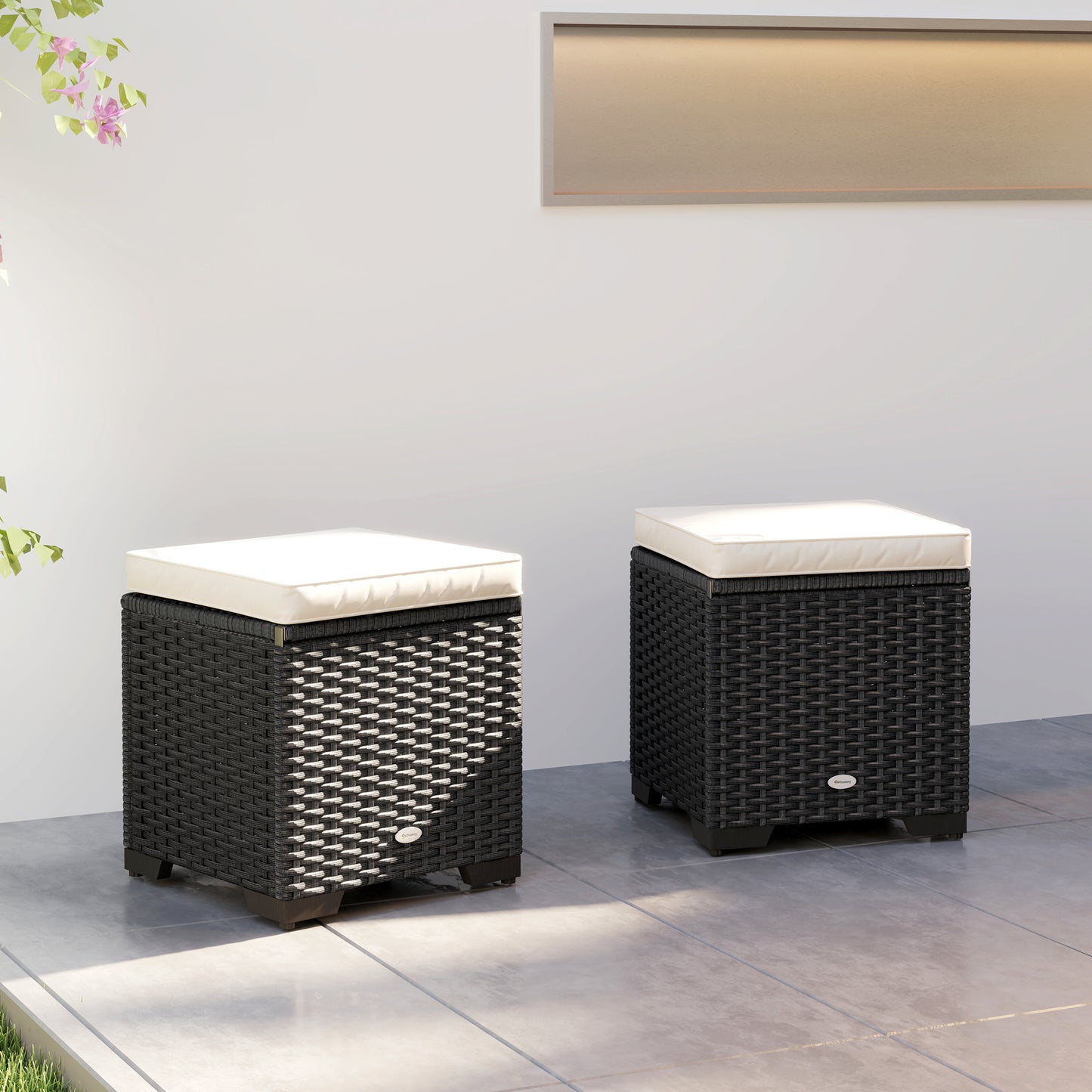 Outsunny Set Of 2 Rattan Storage Ottomans Outdoor Footstools With Removable Cushions Cream