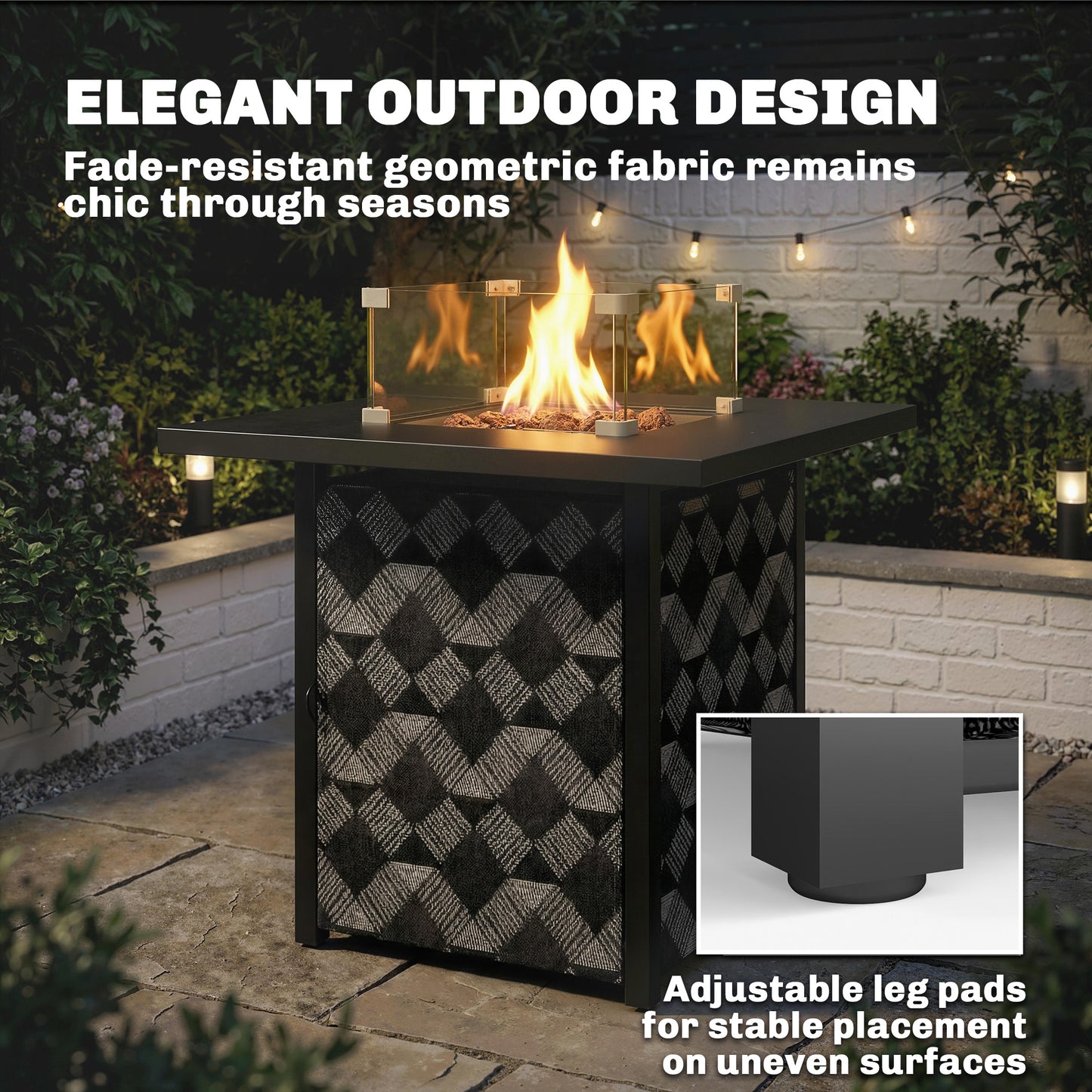 Outsunny Square Propane Gas Fire Pit Table With Glass Wind Guard 12 KW Patio Heater Lava Rocks Gas Tank Holder