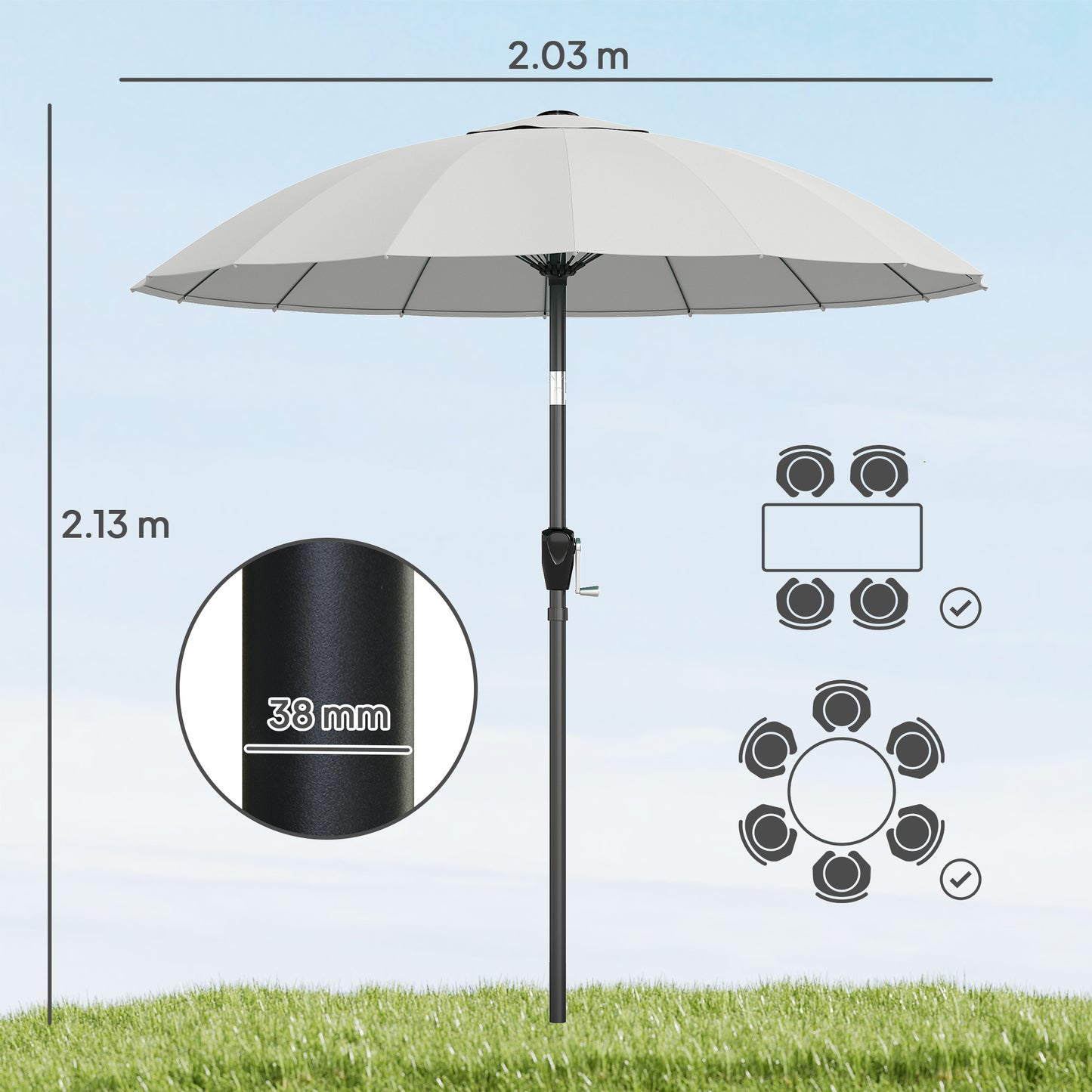 Outsunny 2 Meter Shanghai Garden Parasol Umbrella With 16 Fibreglass Ribs And Crank Tilt UPF30 Plus Light Grey