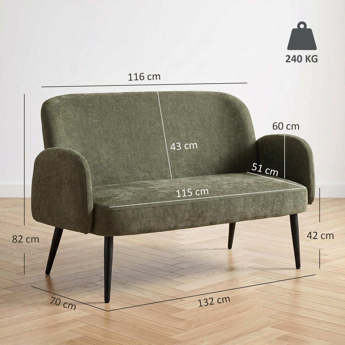 Green velvet 2-seat sofa, rounded back and arms, with black metal legs and dimensions
