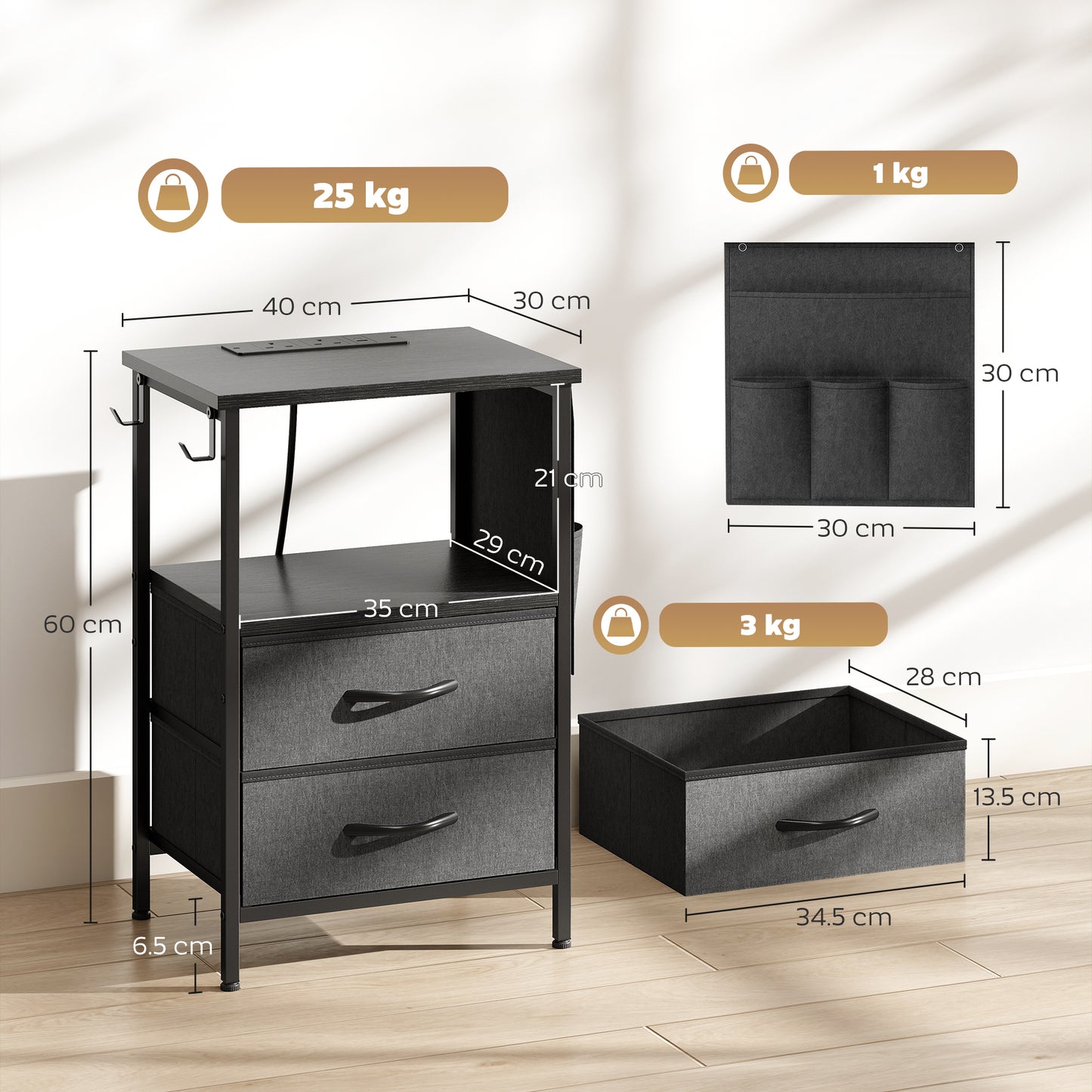 HOMCOM Bedside Table With Charging Station And USB Ports Black Nightstand With Storage
