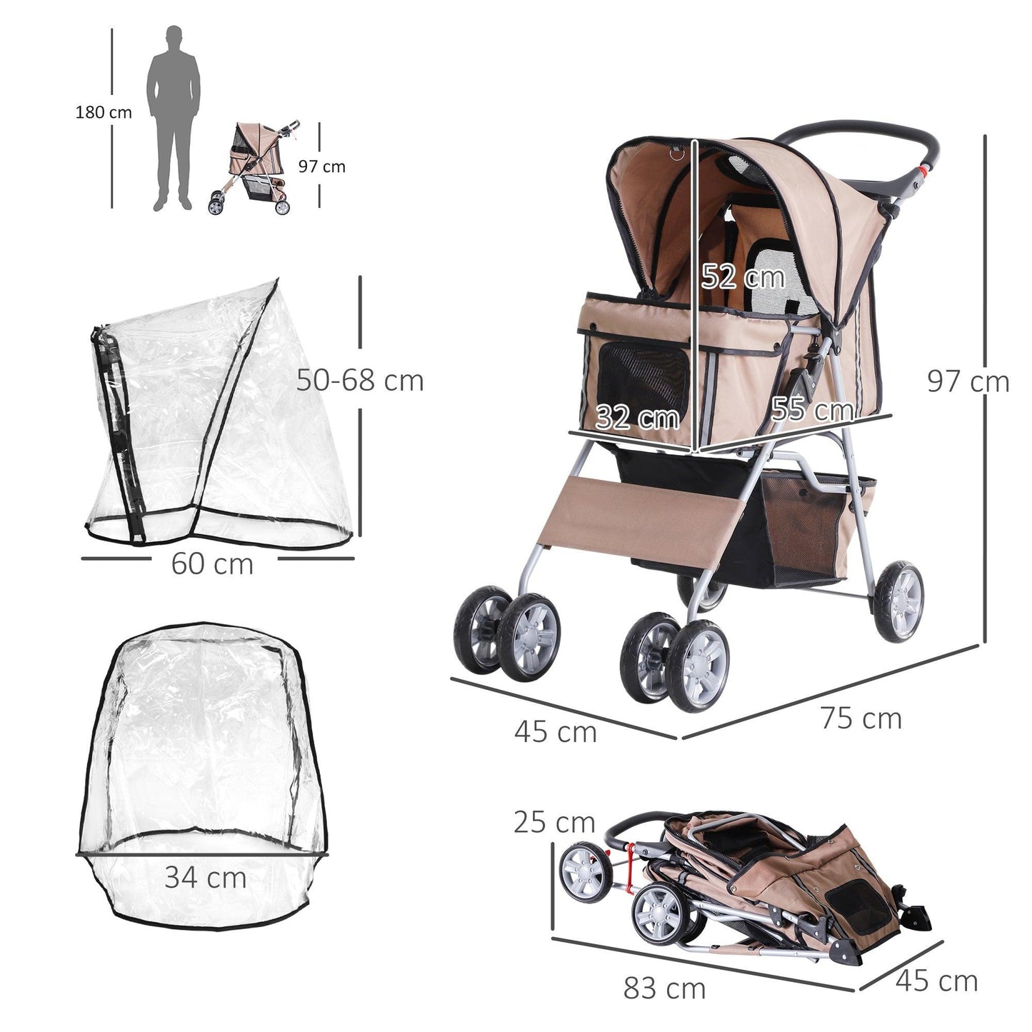 PawHut Mini Dog Stroller with Rain Cover, Folding Pet Pram - ALL4U RETAILER LTD